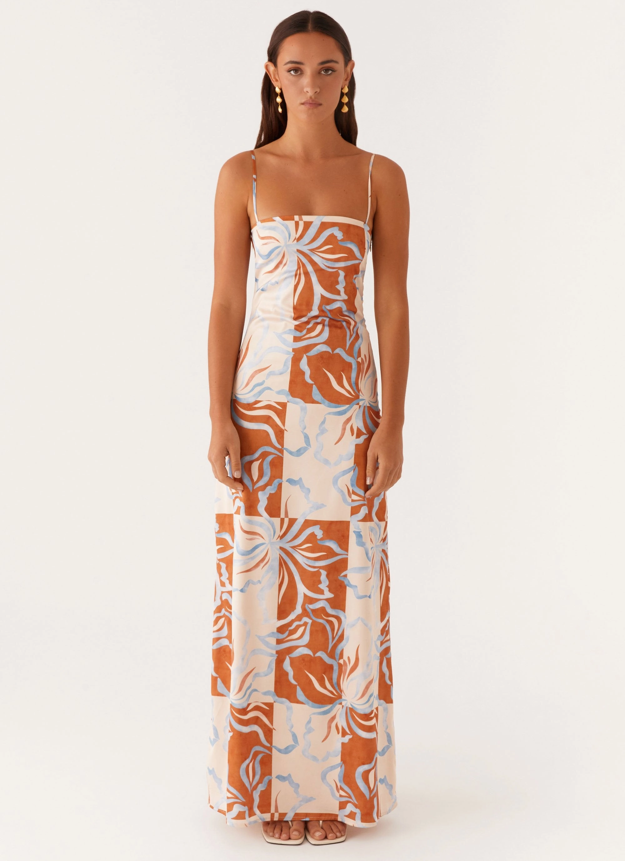 Aster Bloom Maxi Dress - Orange Blue Floral Cut-Out-Detail