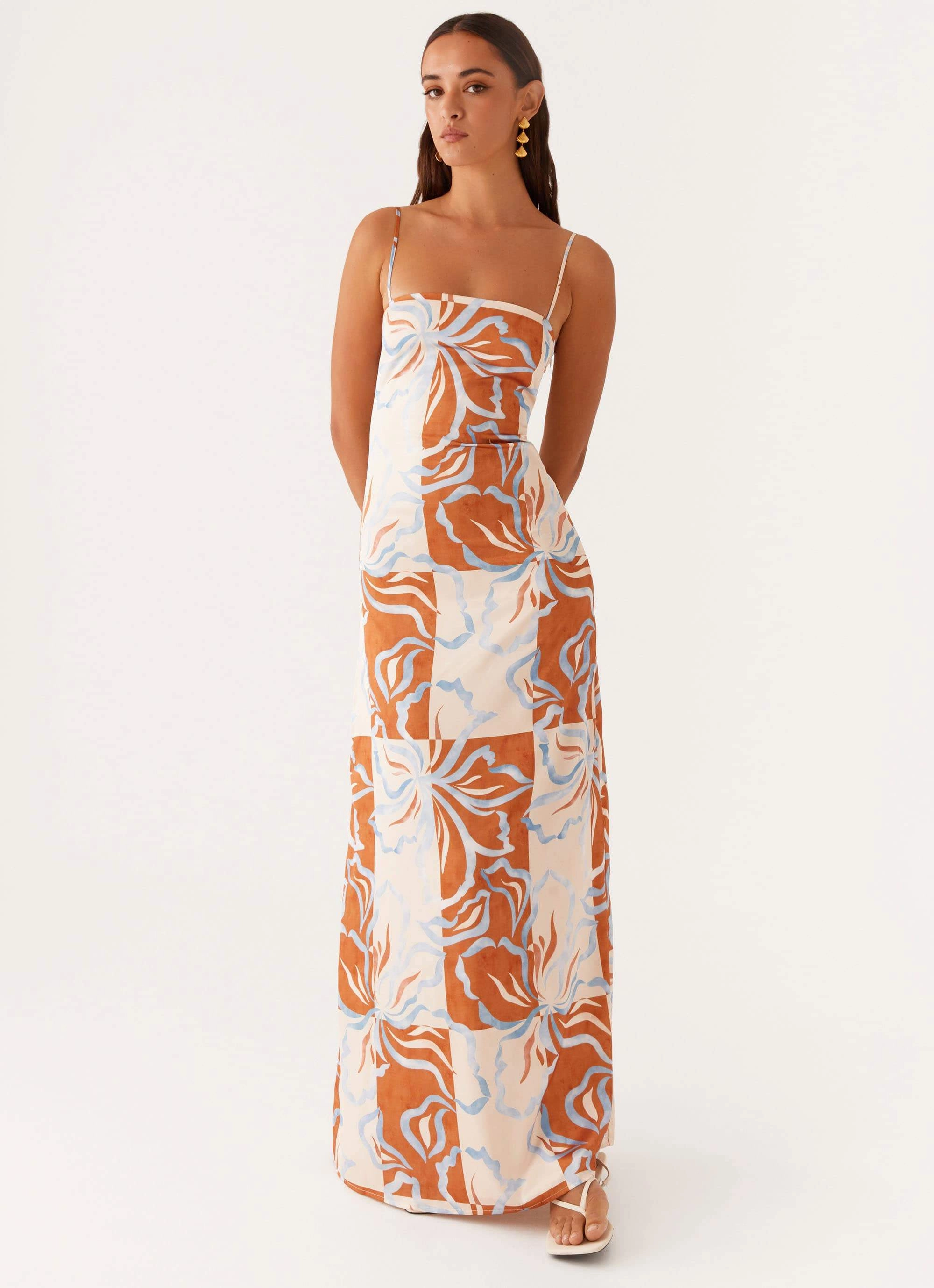 Aster Bloom Maxi Dress - Orange Blue Floral Modern and Feminine