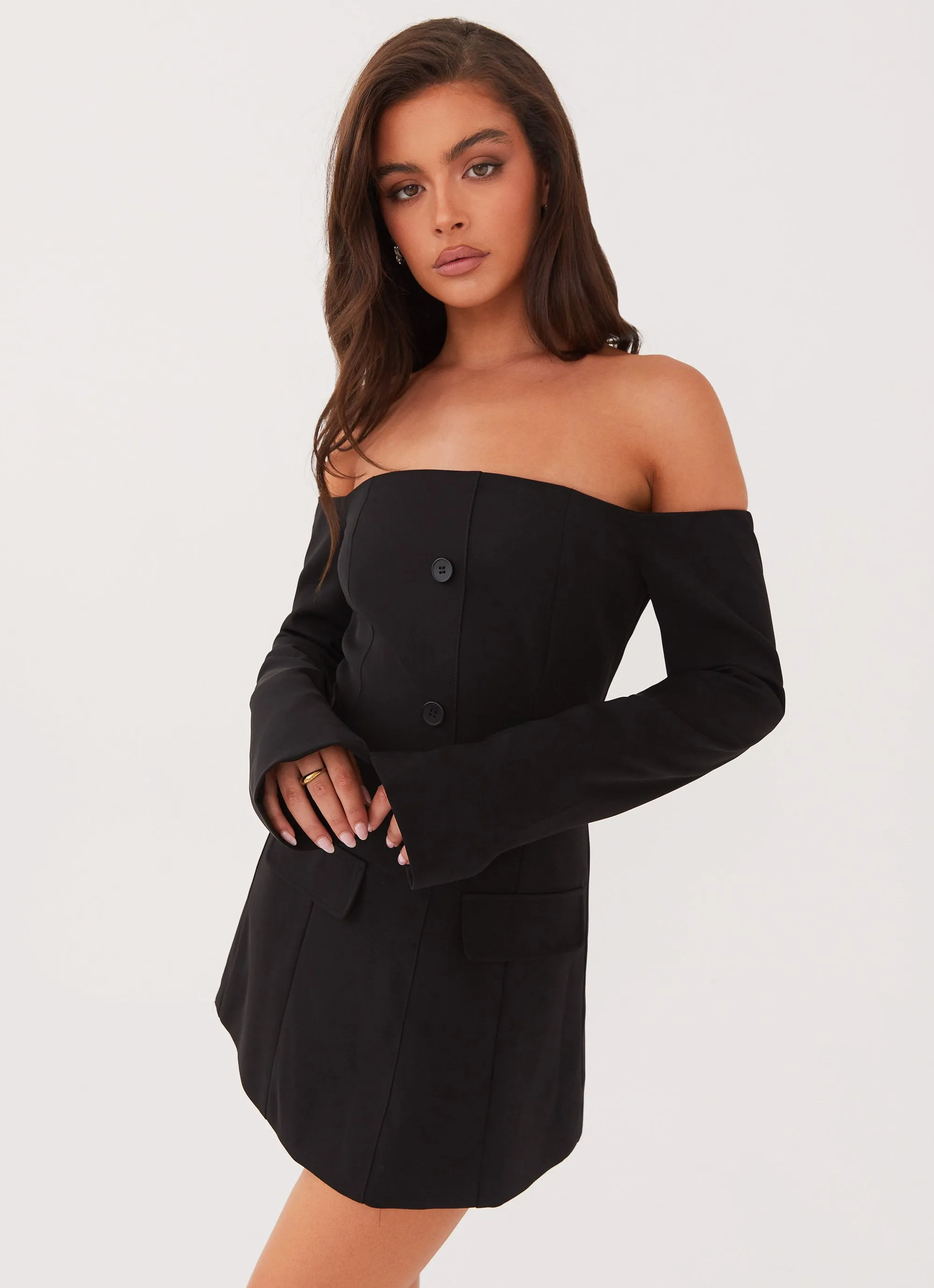Dominique Blazer Mini Dress - Black Chic Waistband Light Motion
