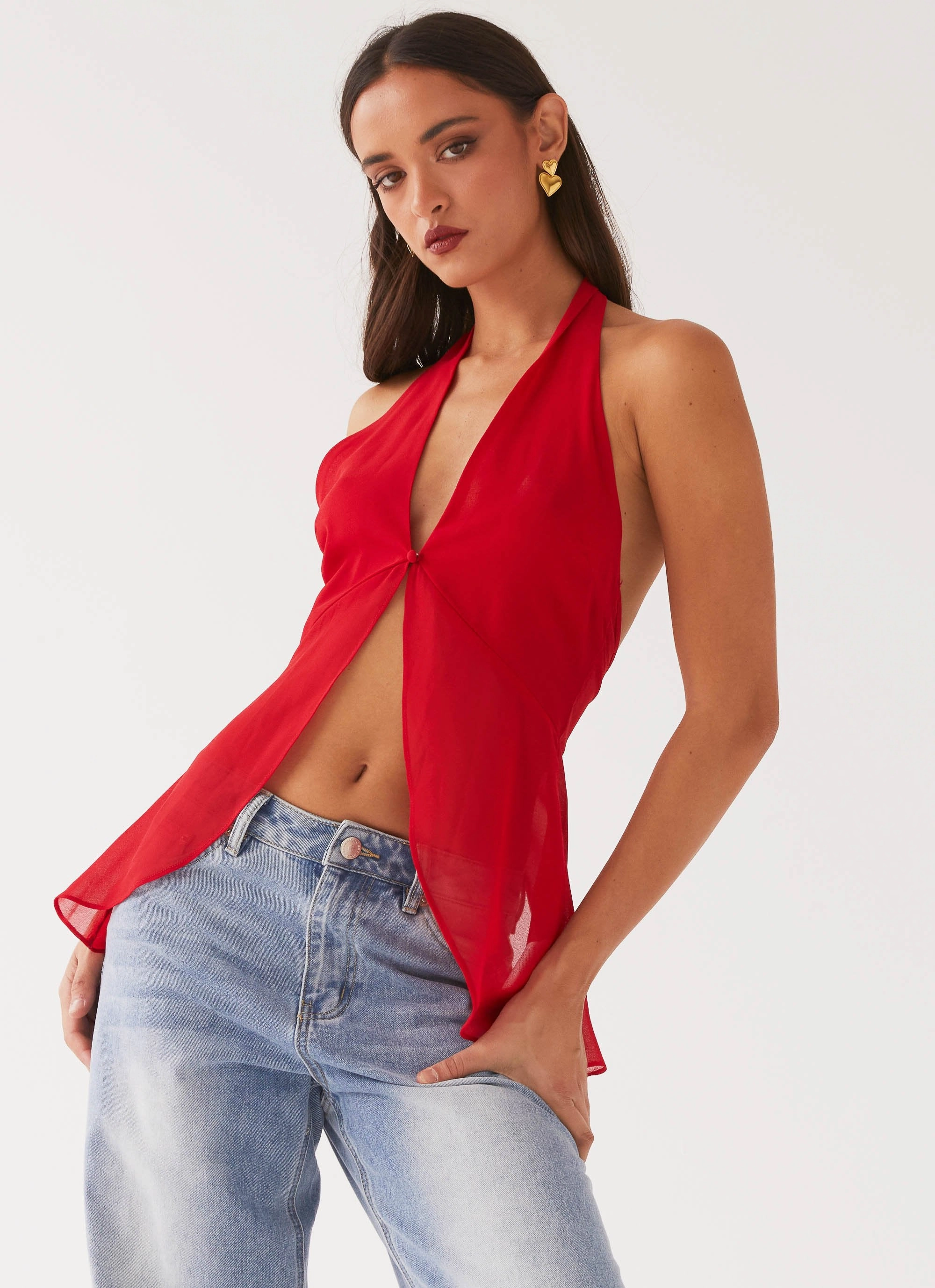 Stylish Hoodie At Last Halterneck Top - Rouge Red
