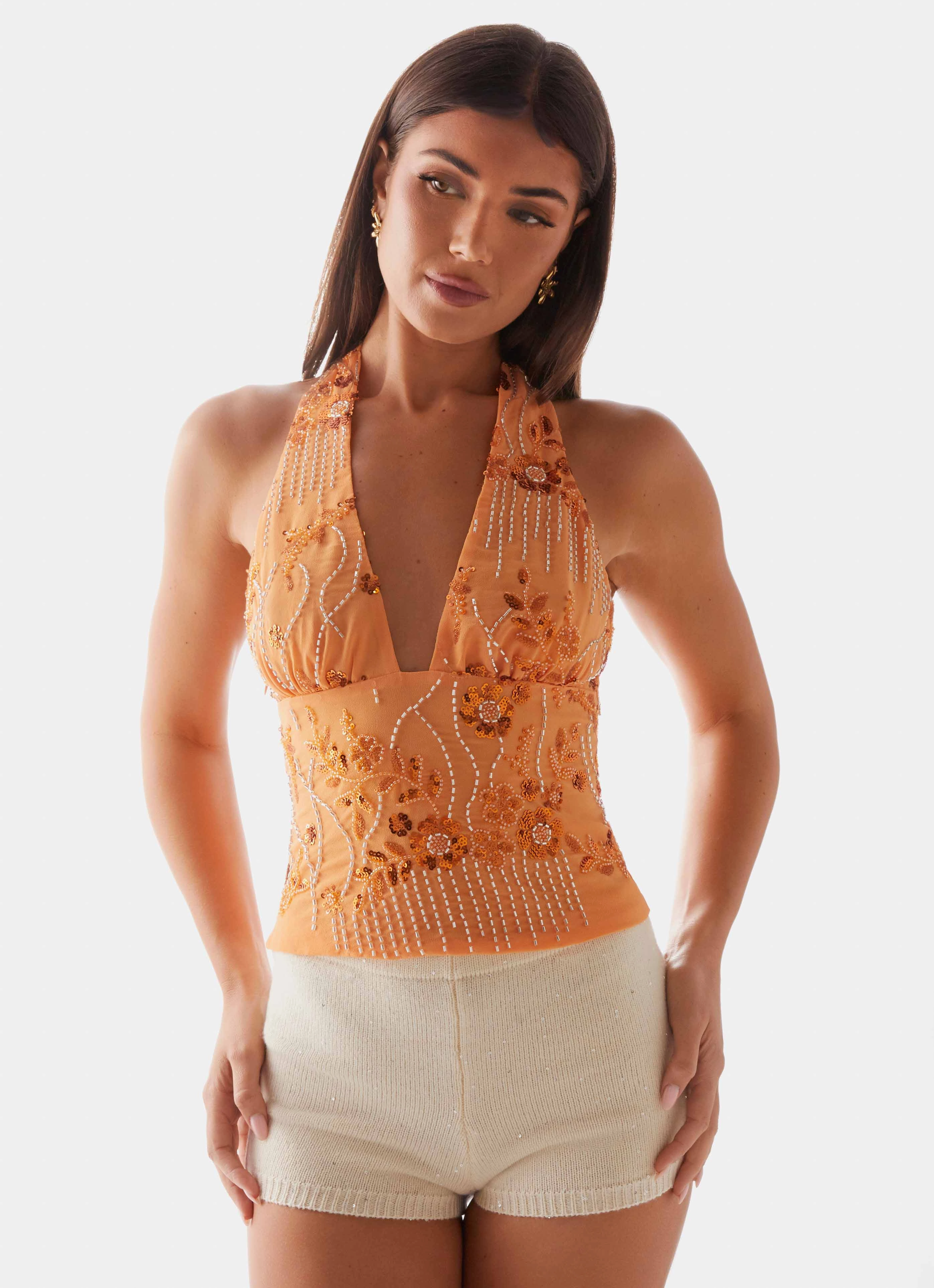 Atlanta Sequin Halter Top - Orange EcoFriendly Material