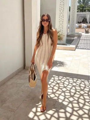 August Crochet Open Back Maxi Dress / Cream Shirred-Detail Chic Fit