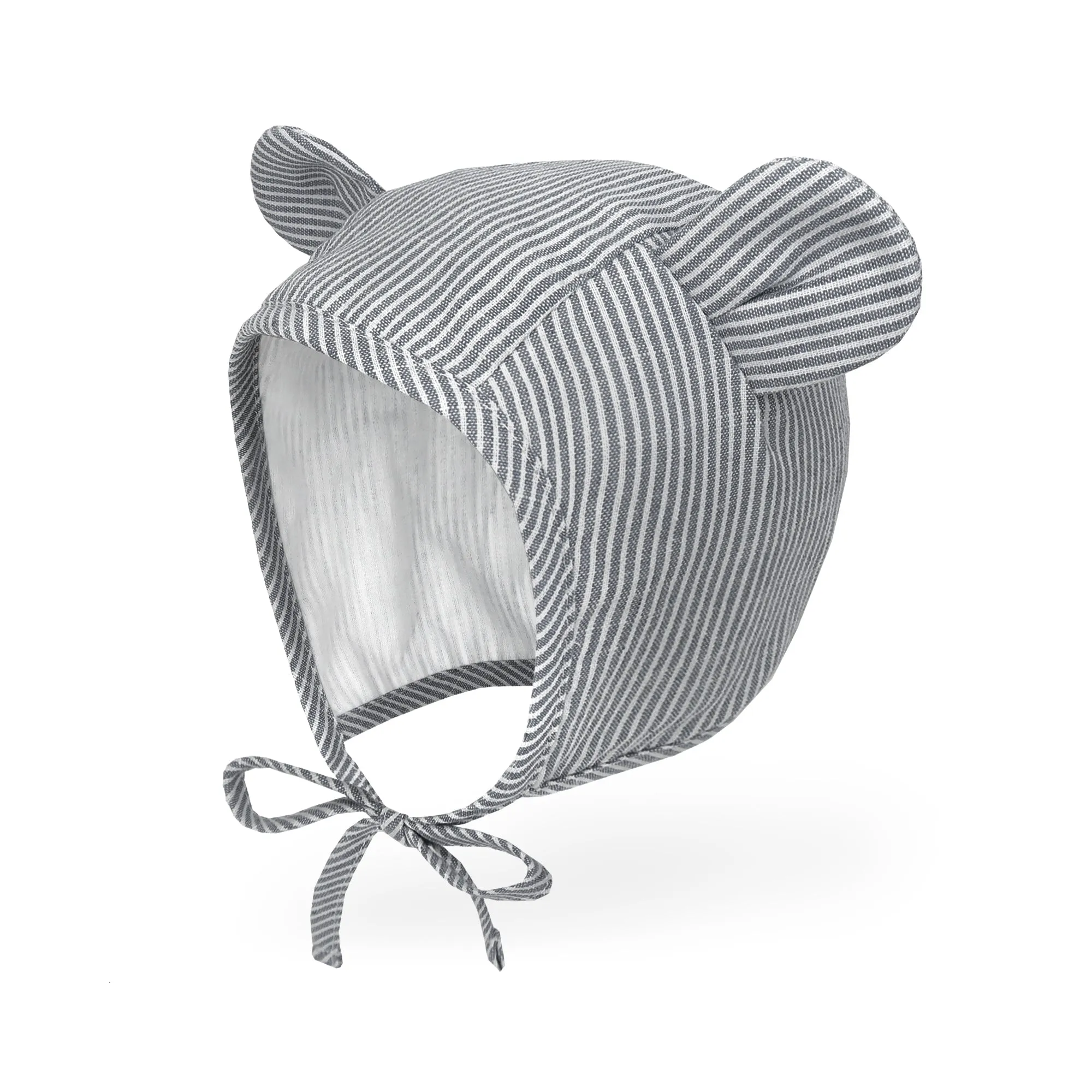 Baby Muslin Lined Stripe Bear Bonnet Hat | Beige