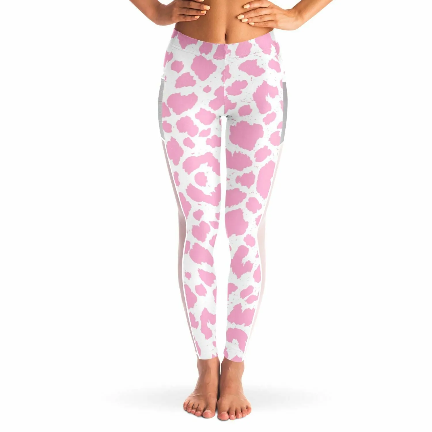 Baby Pink Leopard Mesh Panel Side Pockets Leggings (FWS)