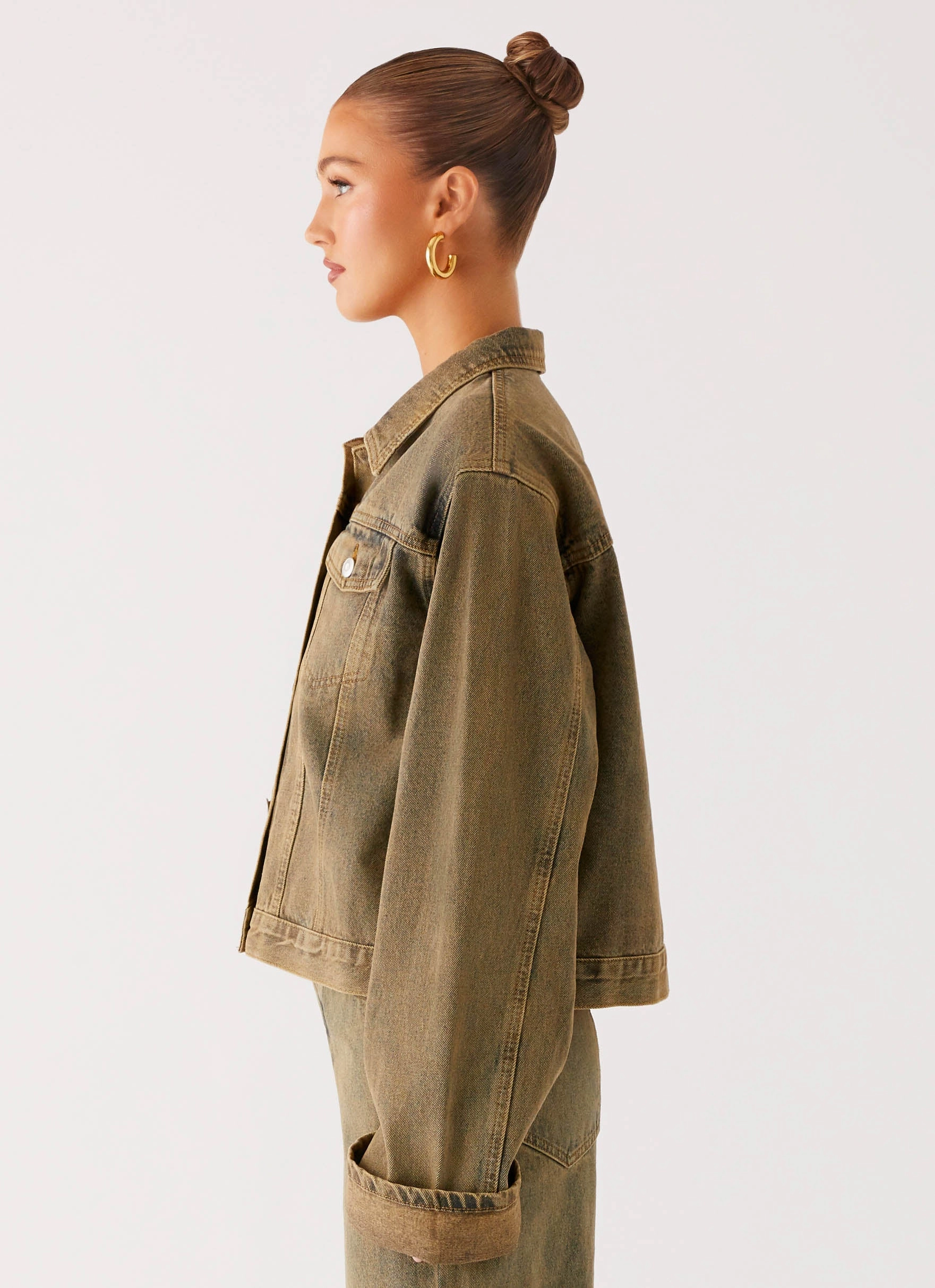 Articulated Sleeves Back Again Oversized Denim Jacket - Brown Sand Wash