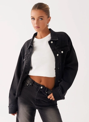 Back Again Oversized Denim Jacket - Charcoal Wash Breathable Mesh Panels High Waist Stretch
