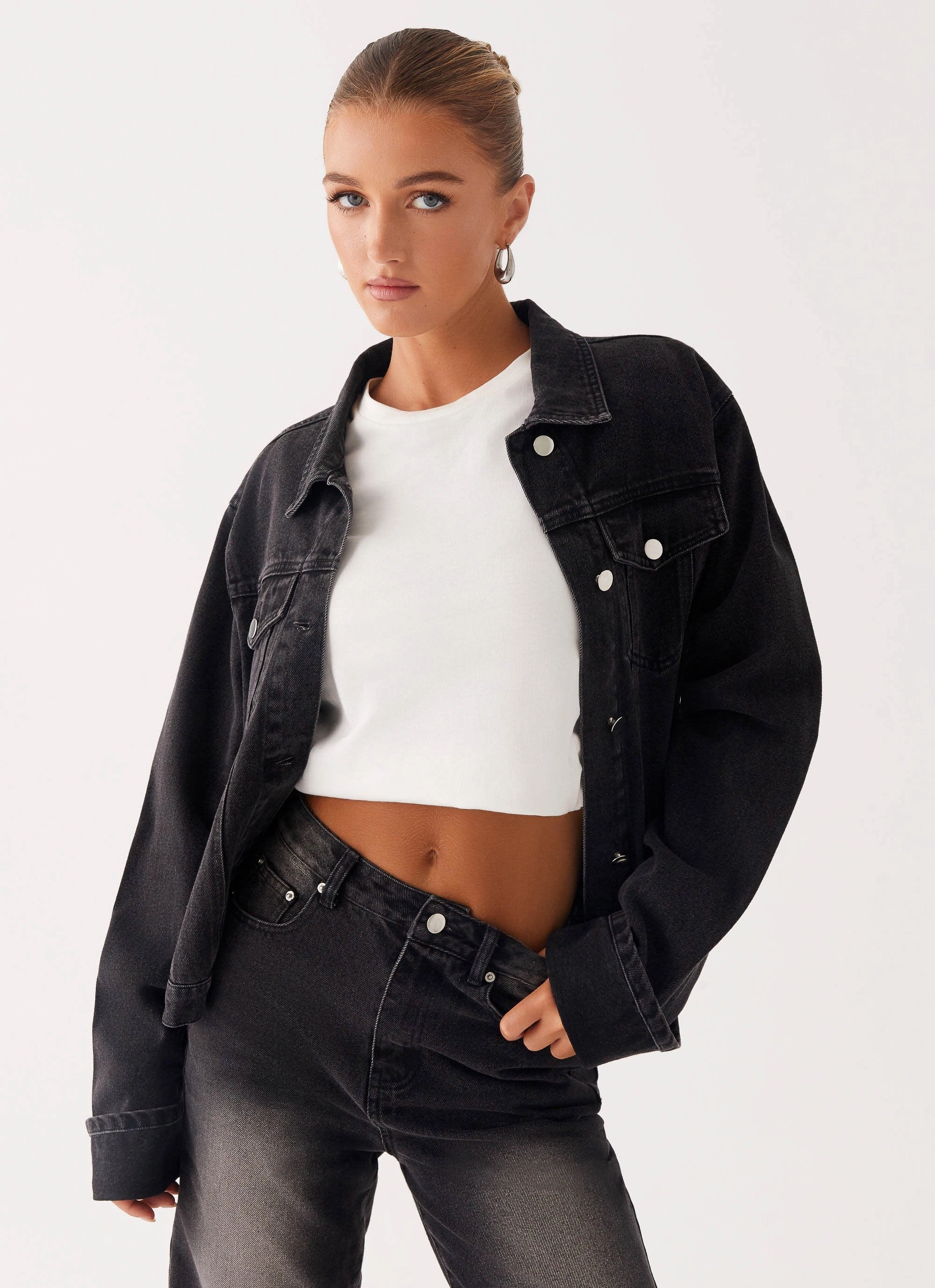 Back Again Oversized Denim Jacket - Charcoal Wash Breathable Mesh Panels High Waist Stretch