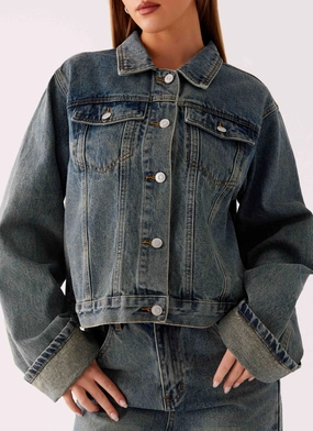 Back Again Oversized Denim Jacket - Dirty Wash Reinforced Elbow Panels