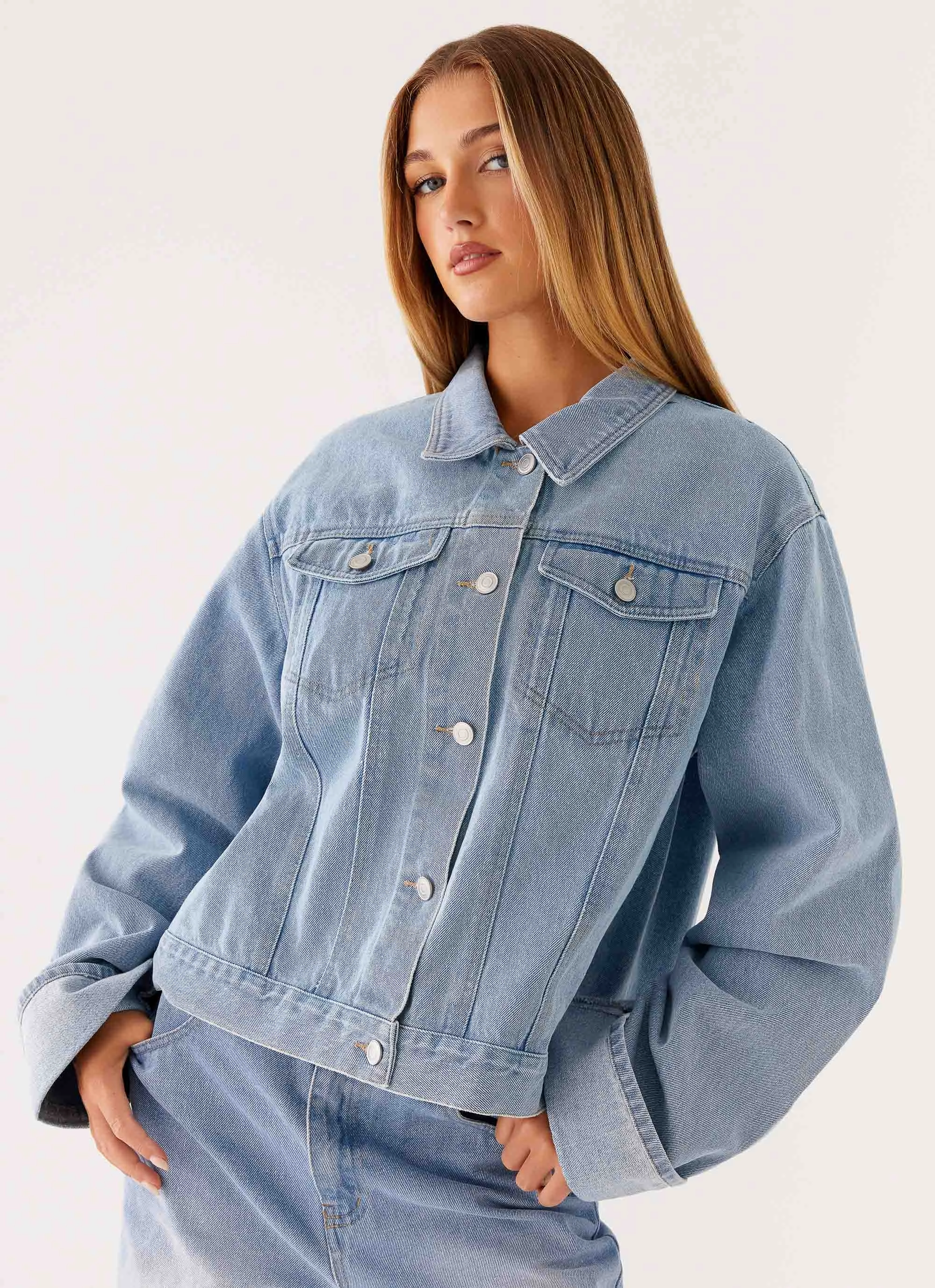 Back Again Oversized Denim Jacket - Light Wash Blue Flexible Material Multi-way wear