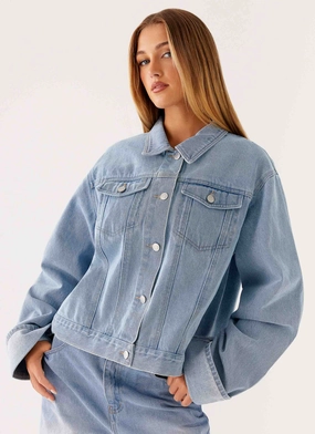 Back Again Oversized Denim Jacket - Light Wash Blue Flexible Material Multi-way wear