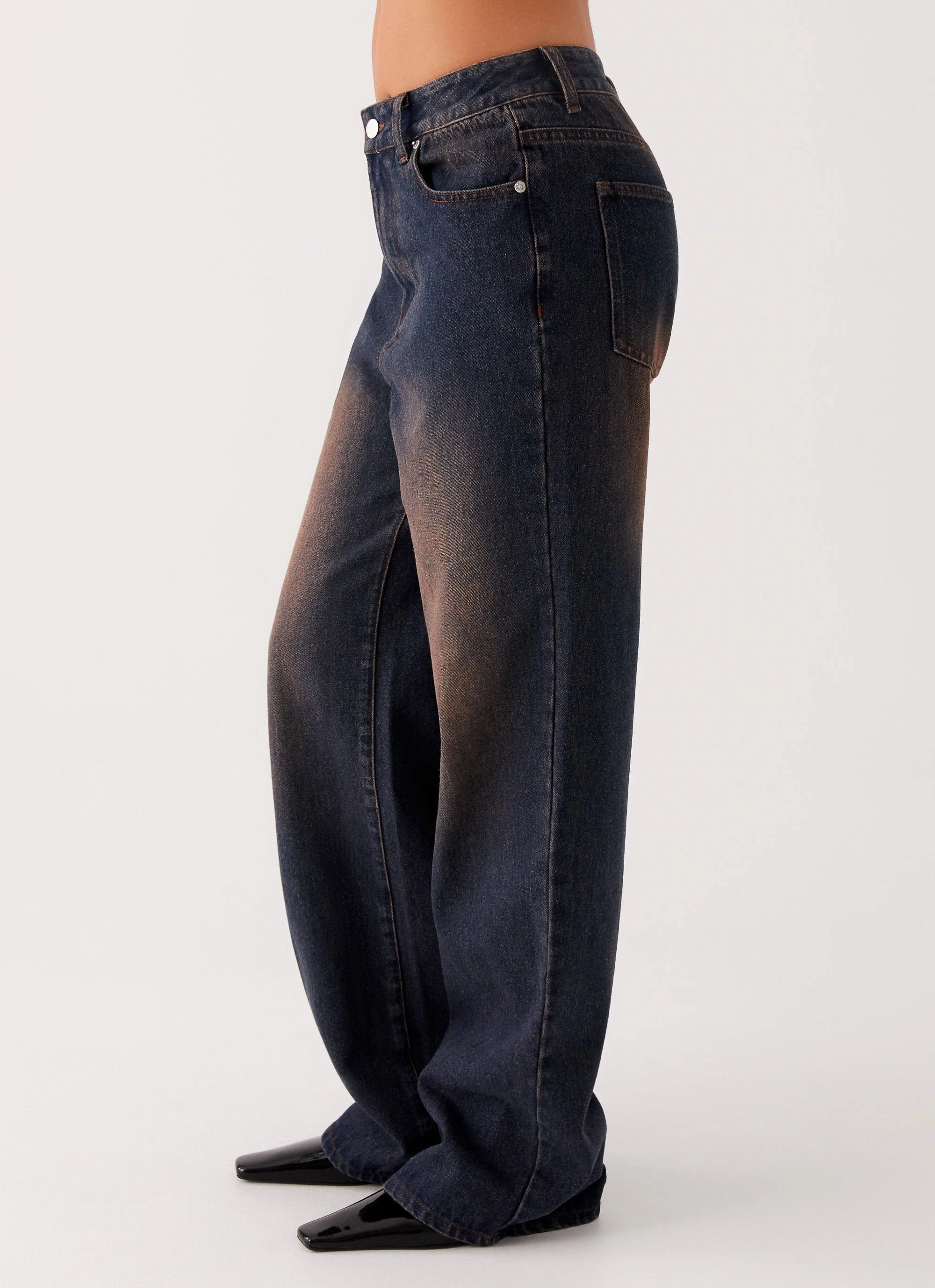 Chic Silhouette Back Again Straight Leg Denim Jeans - Brown Blue Acid Wash