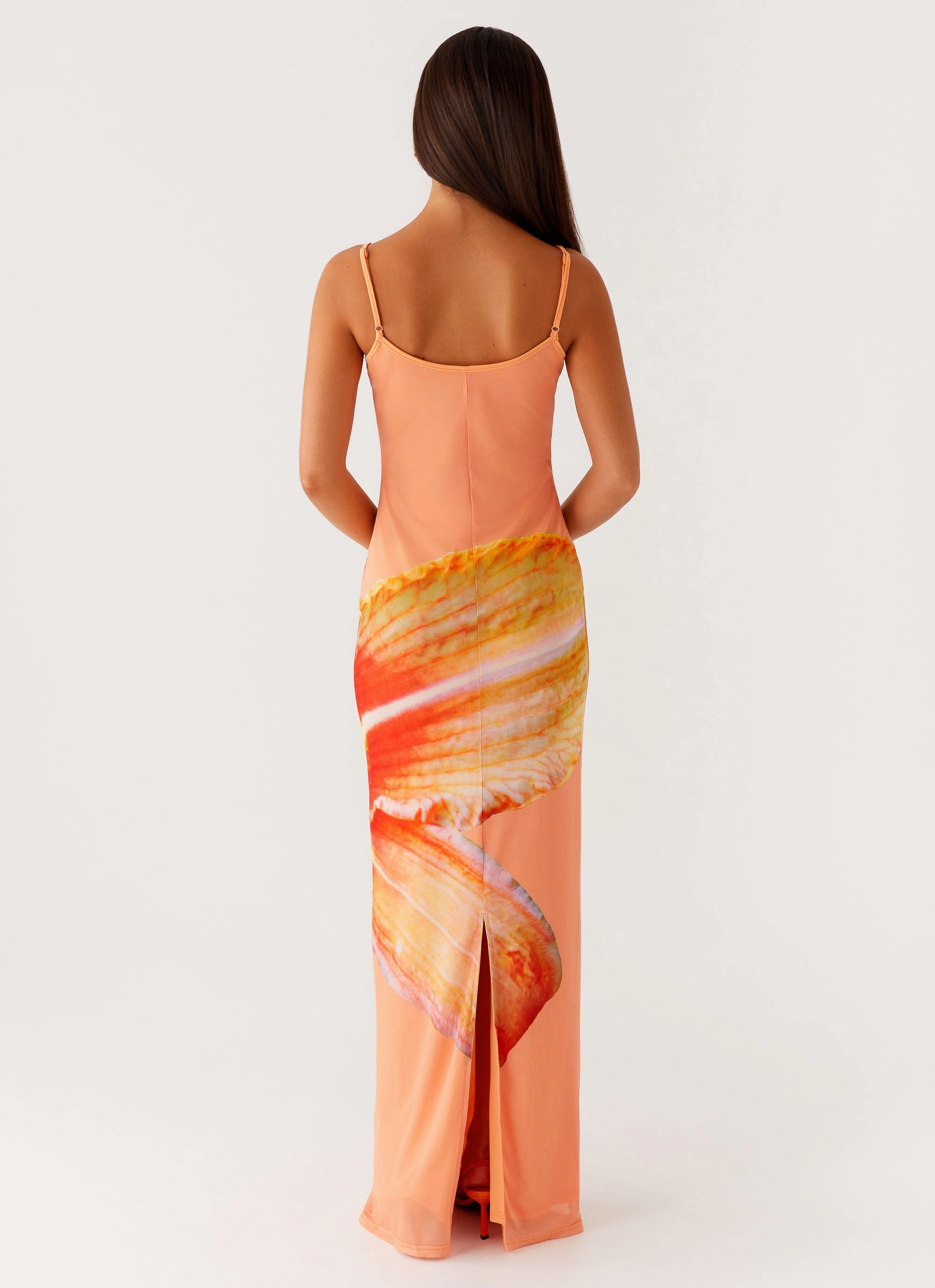Bad News Mesh Maxi Dress - Orange Floral Tactile Feel Understated Charm