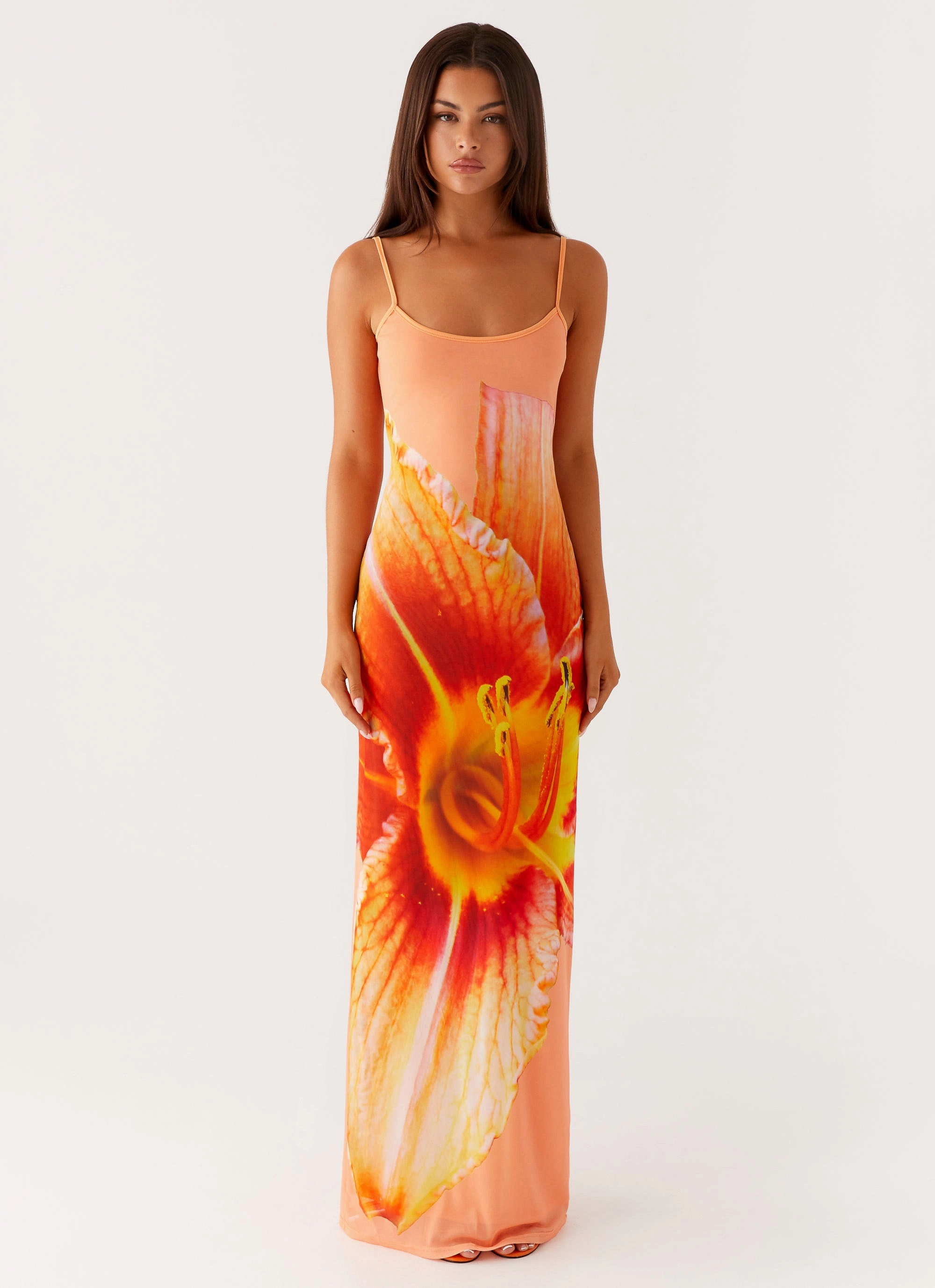 Bad News Mesh Maxi Dress - Orange Floral Subtle Drape