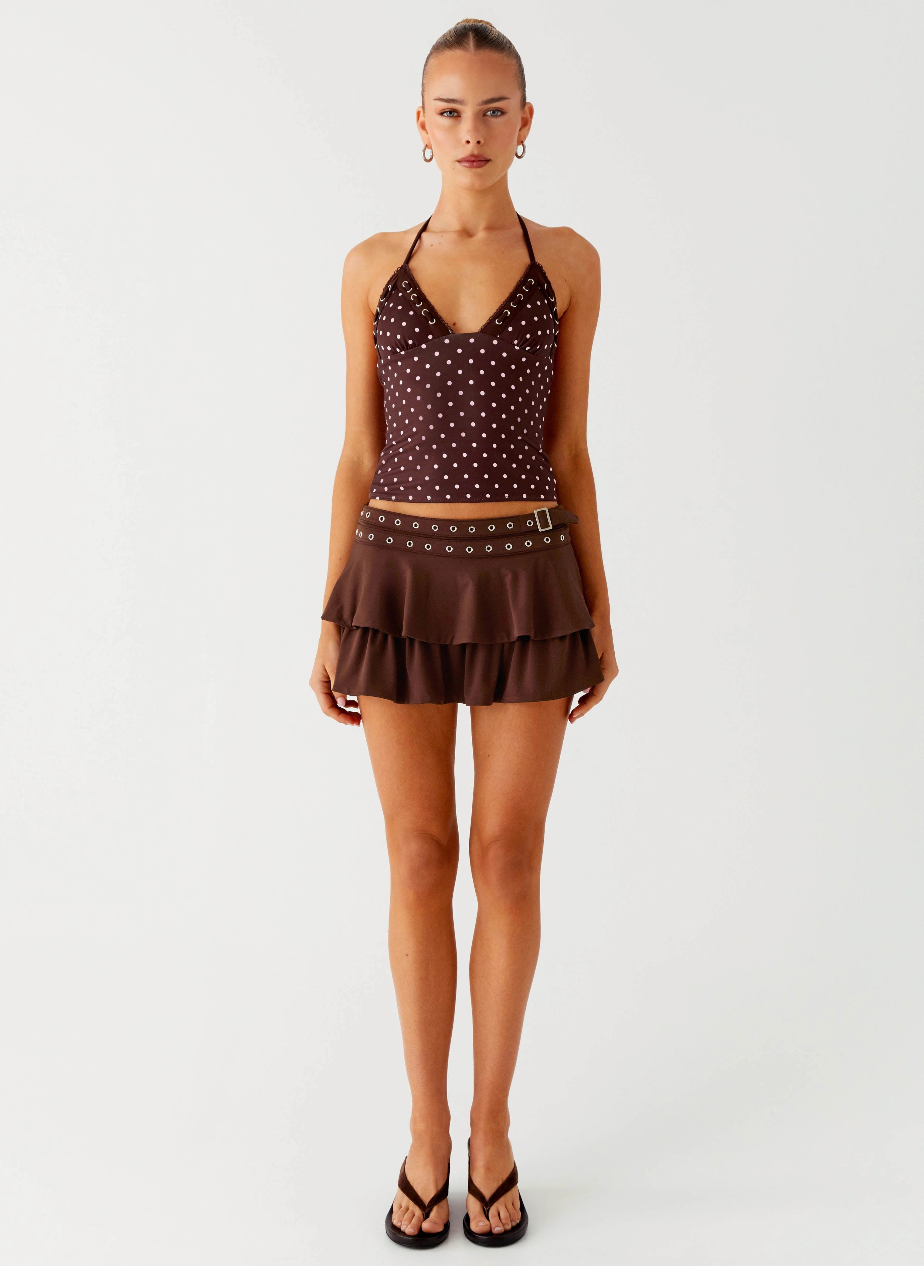 Bahama Eyelet Lace Up Top - Chocolate Strawberry Dot PreShrunk Fabric AntiPillingTechnology
