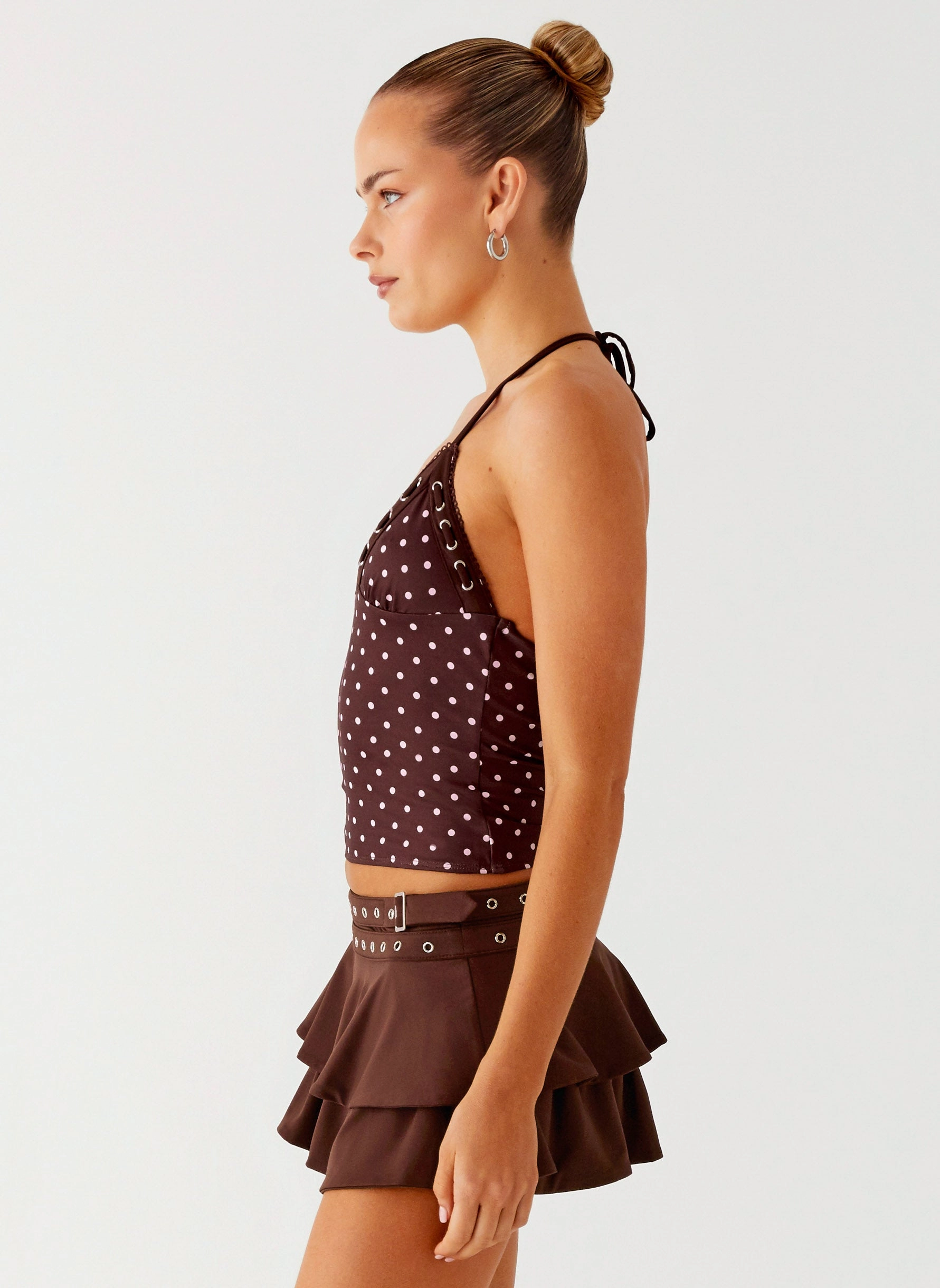 SoftFeel Fabric StretchFabric Bahama Eyelet Lace Up Top - Chocolate Strawberry Dot