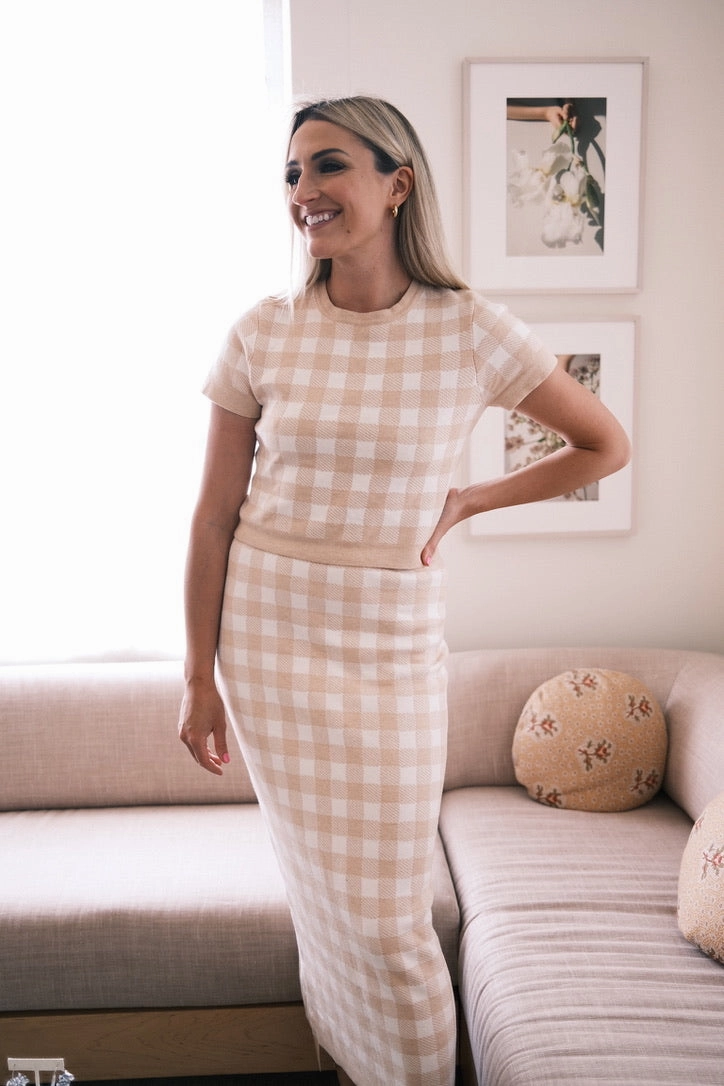 MASON'S DAUGHTER | Stella Knit Top, Blush Gingham Airy Feel Comfortable Layers