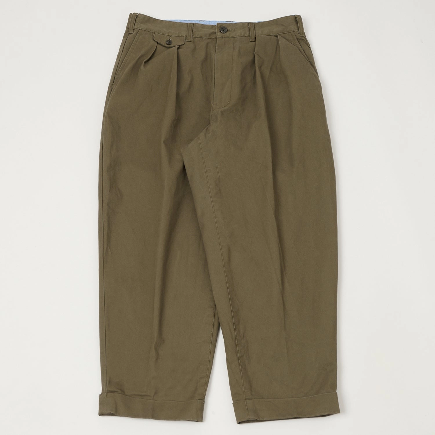 Beams Plus Double Pleat Twill Trousers - Olive Comfortable Look Sport Flex