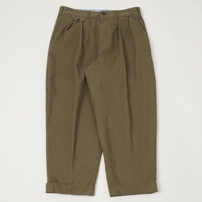 Beams Plus Double Pleat Twill Trousers - Olive Comfortable Look Sport Flex