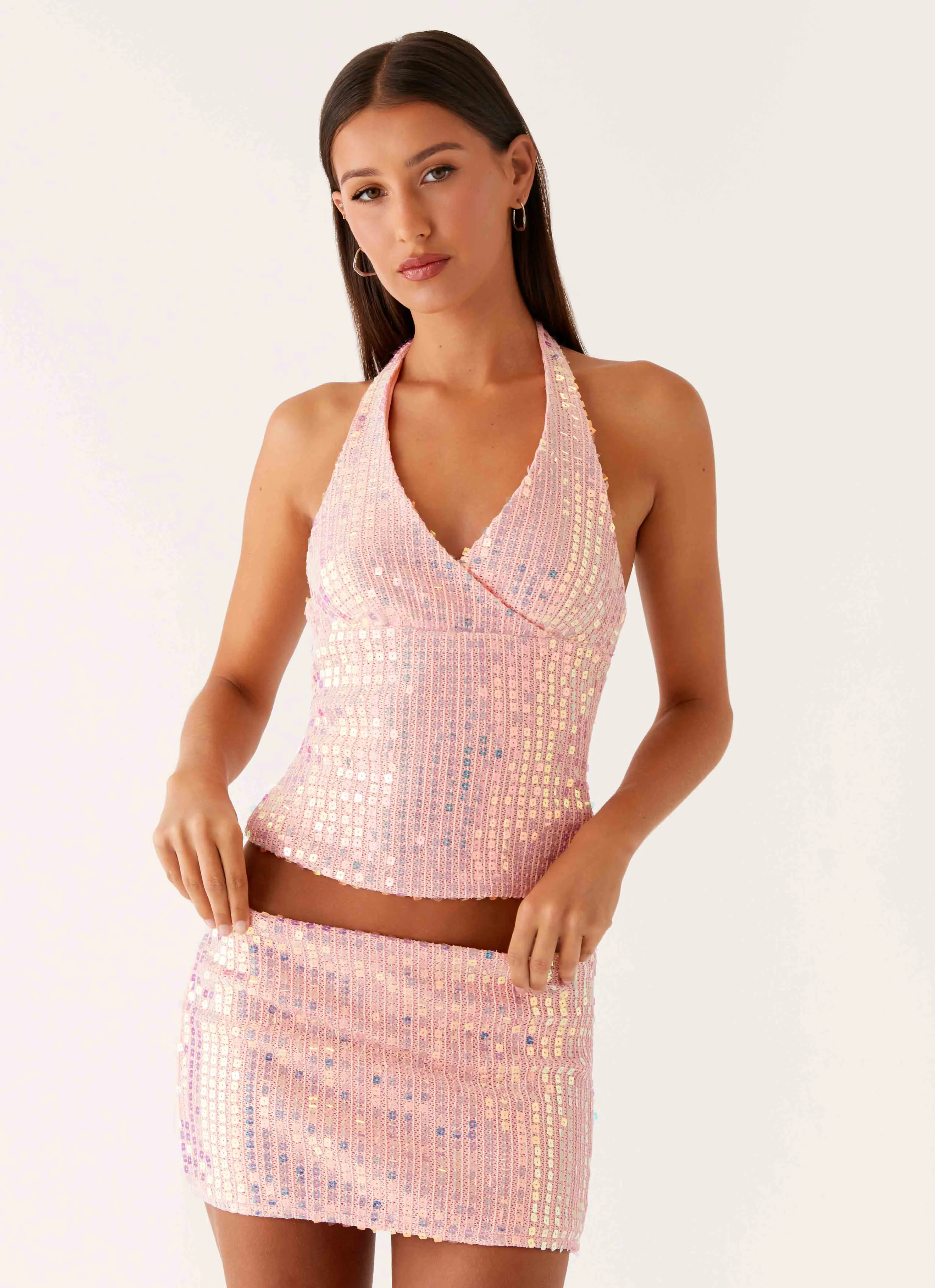 Been That Girl Knit Sequin Mini Skirt - Iridescent Pink Stylist Pick Bohemian vibe