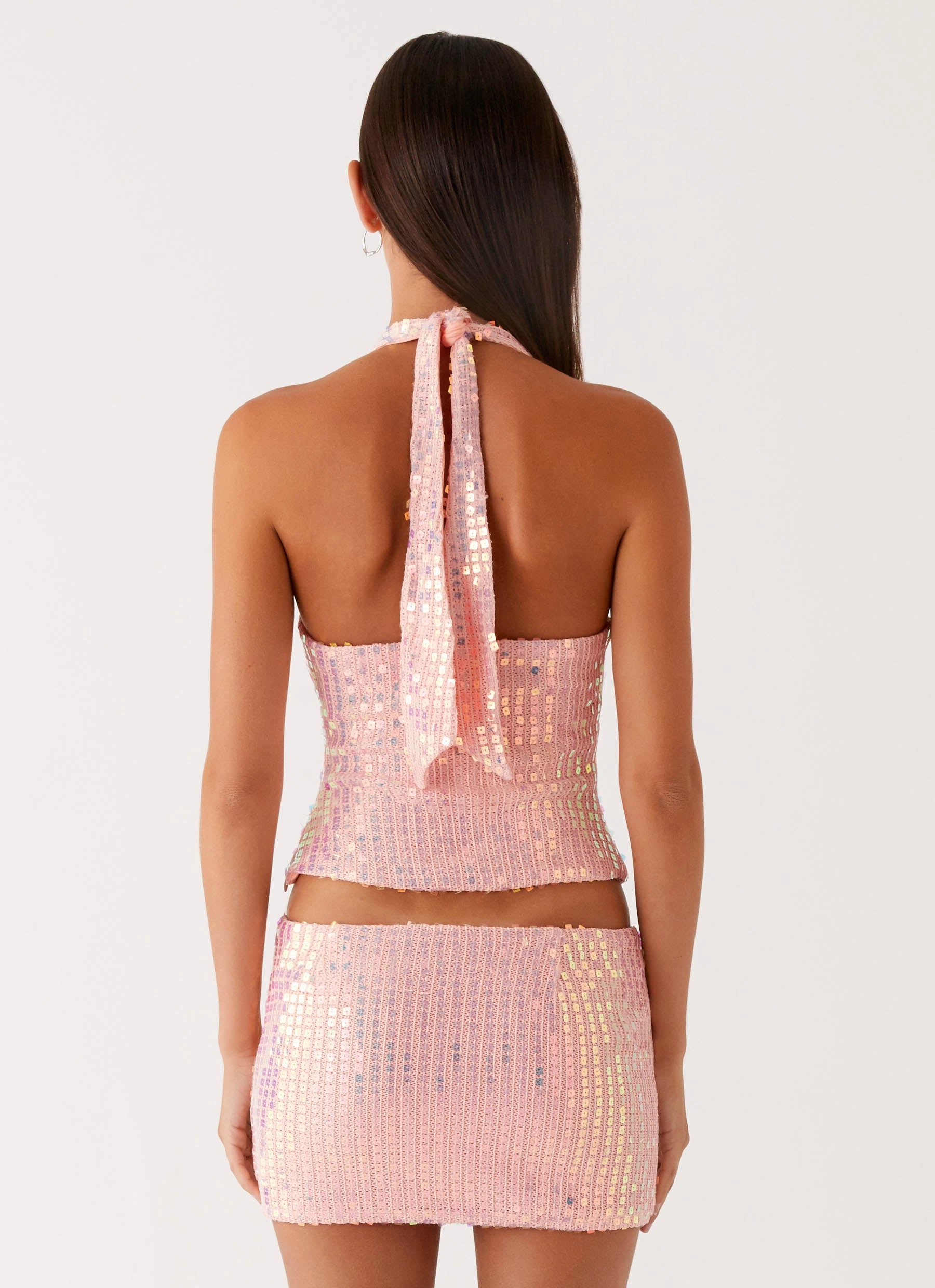 Been That Girl Halter Knit Sequin Top - Iridescent Pink Two Way Zipper