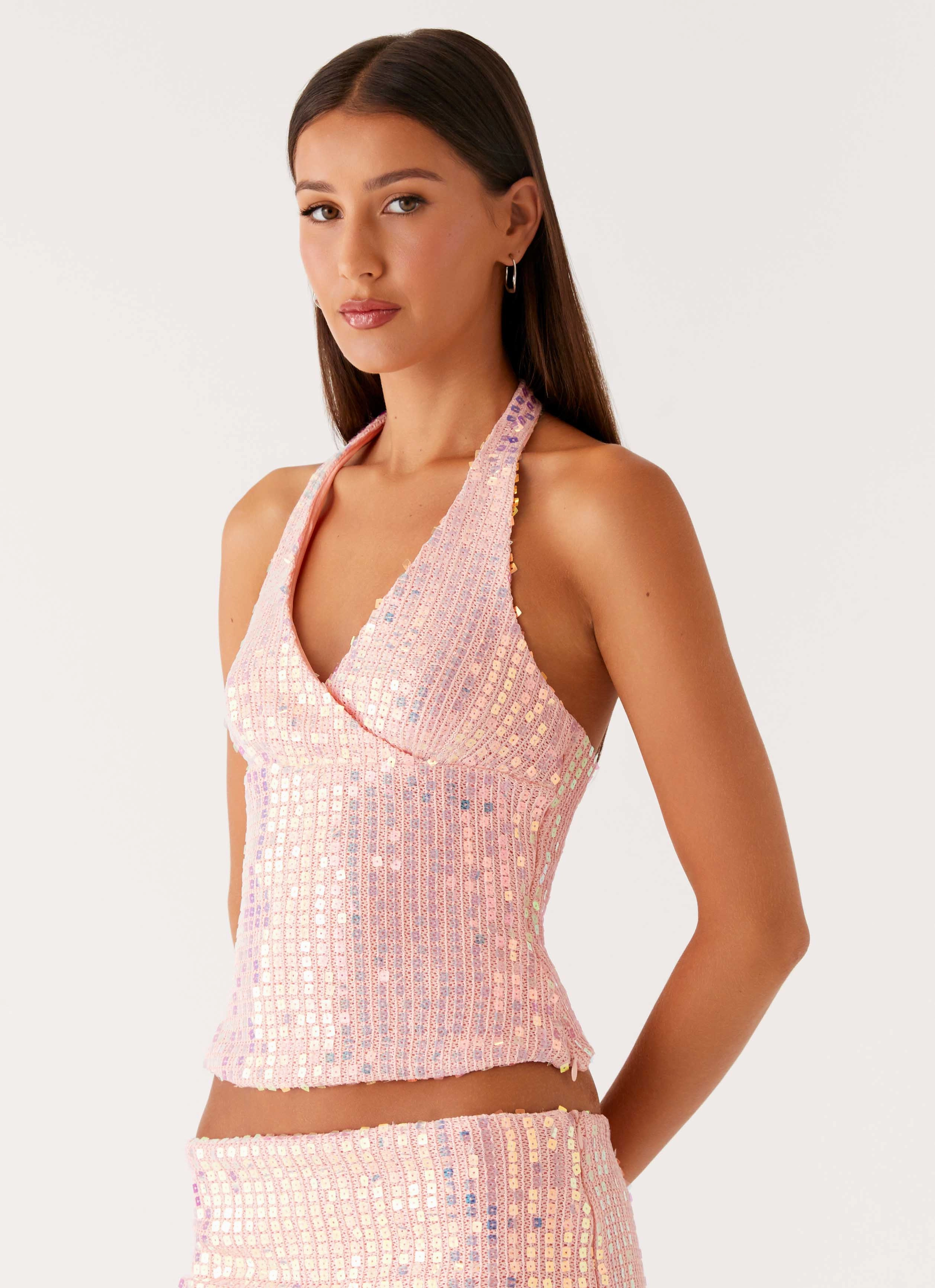 Been That Girl Halter Knit Sequin Top - Iridescent Pink Ergonomic Sleeve Shaping WaterResistantCoating