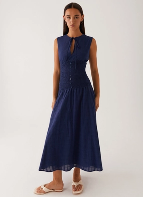 Coastal Chic Belle Shirred Waist Midi Dress - Navy