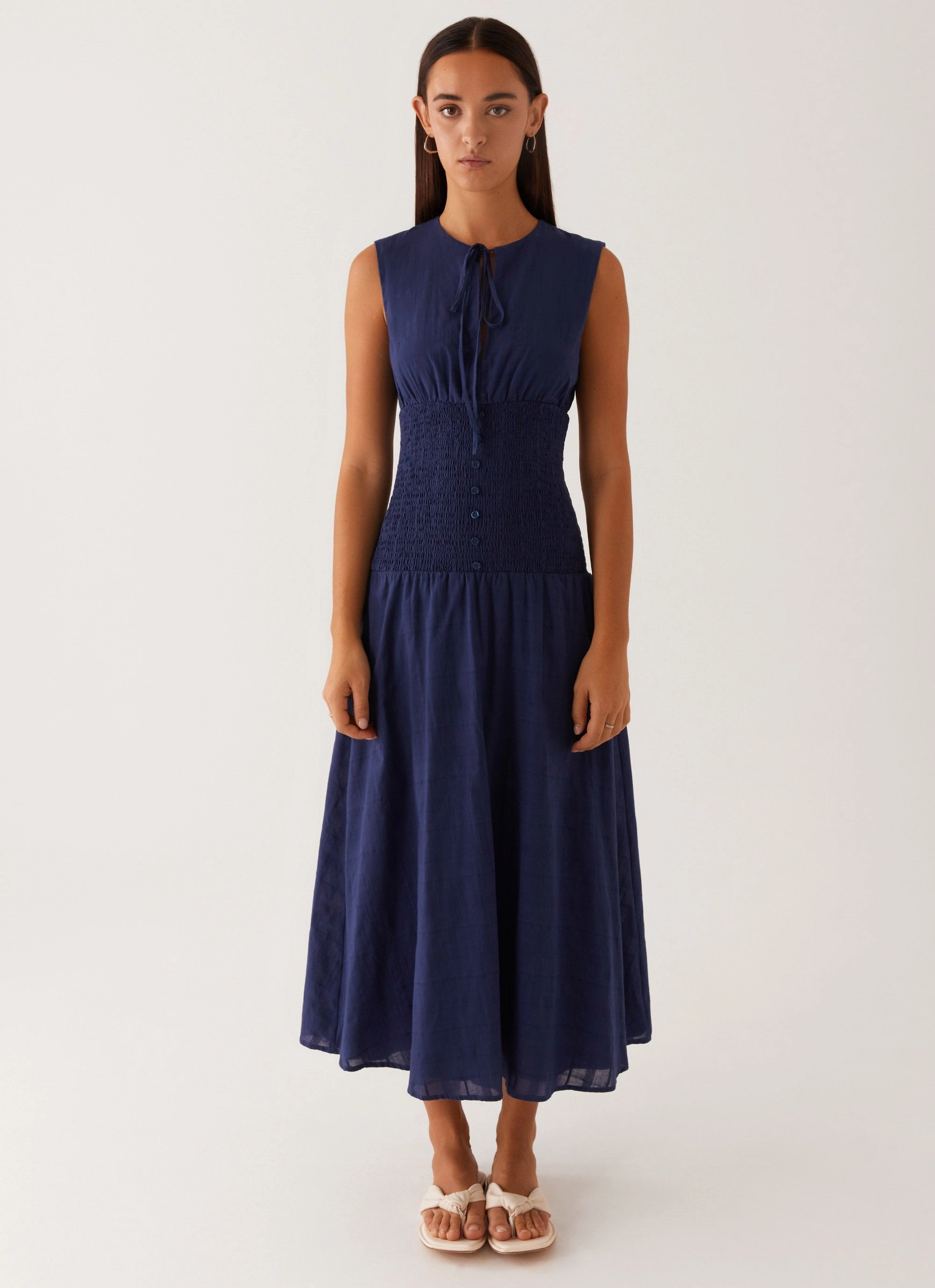 Belle Shirred Waist Midi Dress - Navy Perfectly Fitted