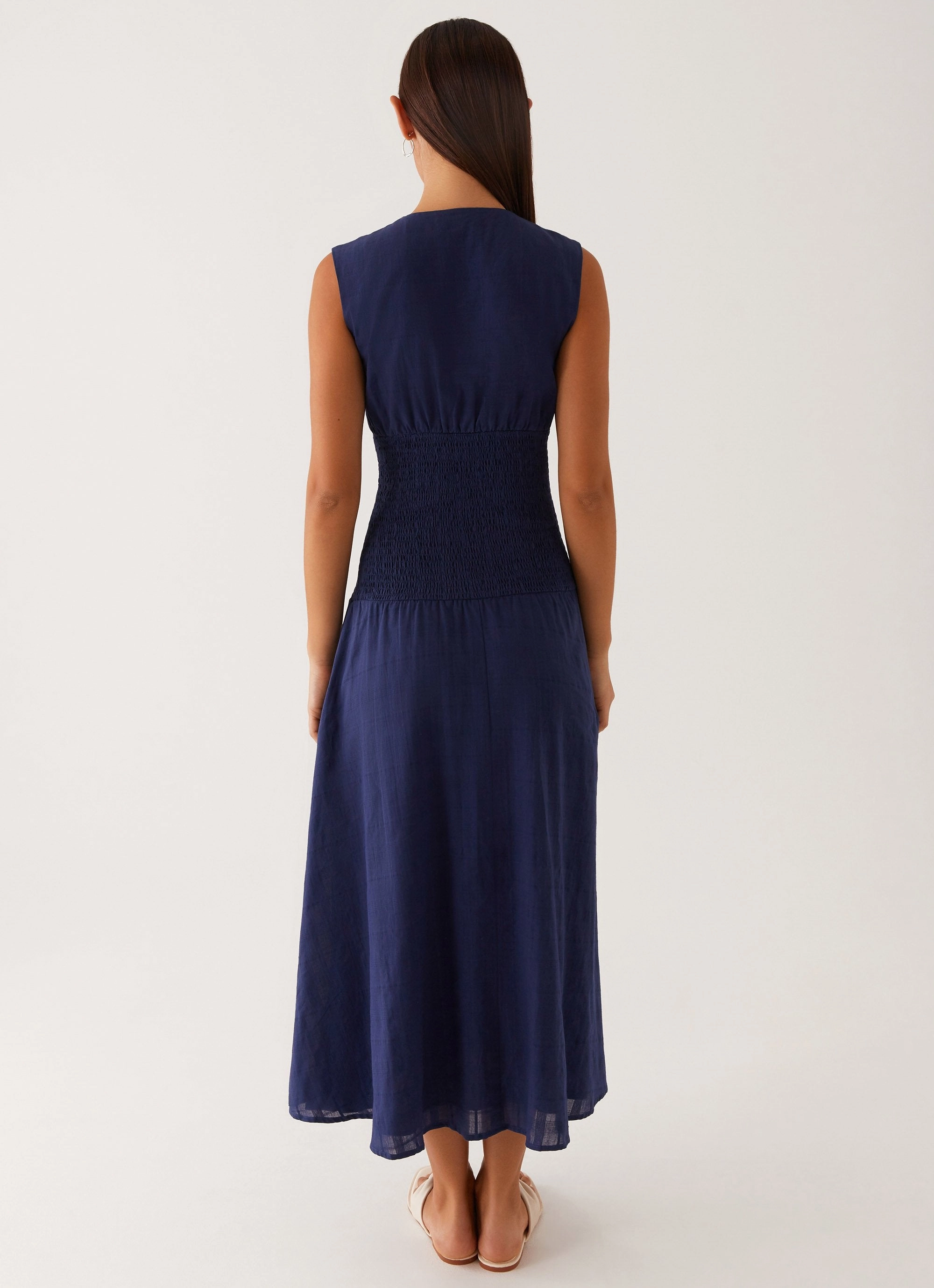 Stylish Vibe Belle Shirred Waist Midi Dress - Navy