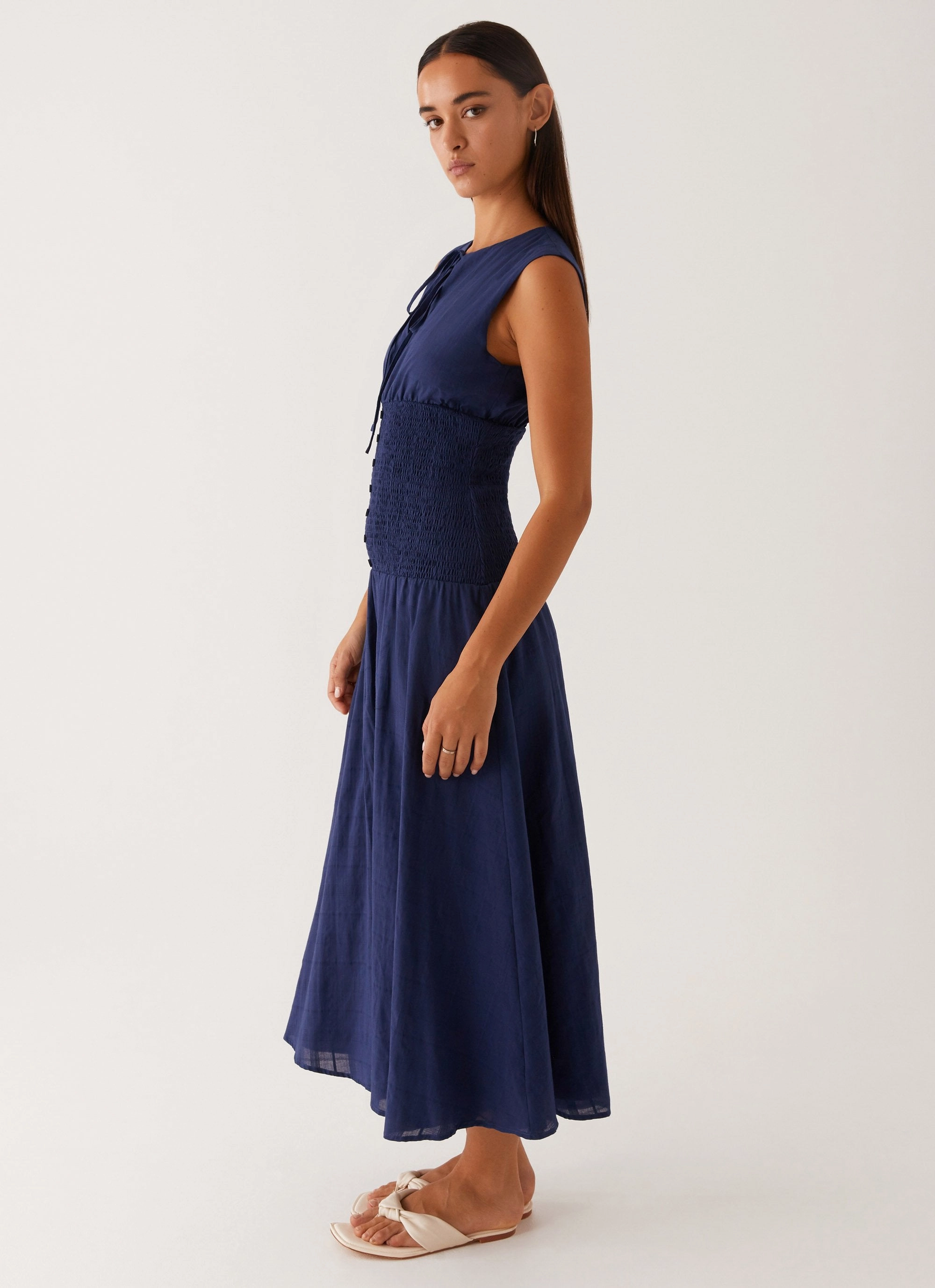 Belle Shirred Waist Midi Dress - Navy Bold Structure