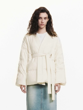 Smooth Flat Collar Seamless Bonding Belted Quilted Down jacket