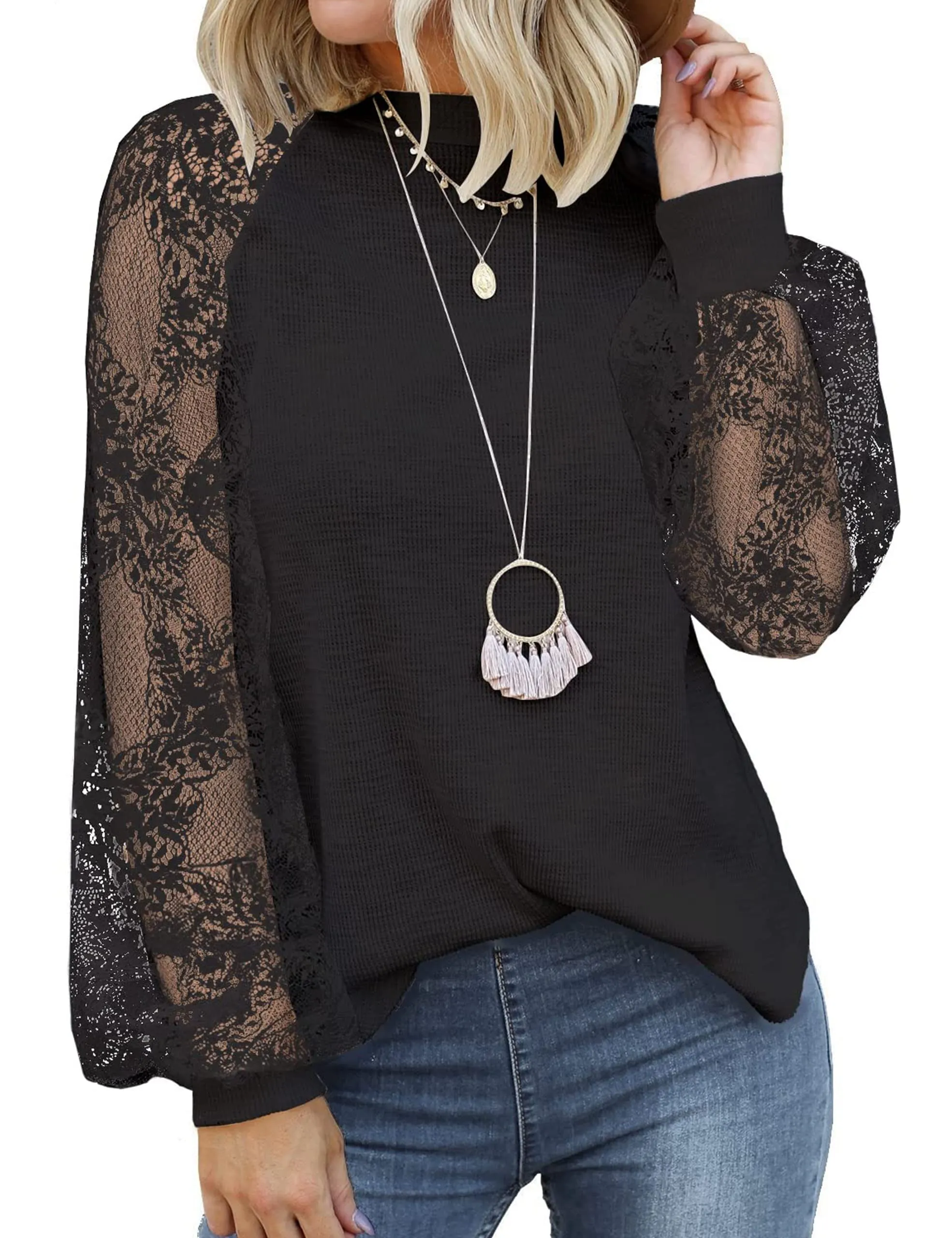Black Women’s Long Sleeve Tops Lace Casual Loose Blouses T Shirts - MIHOLL