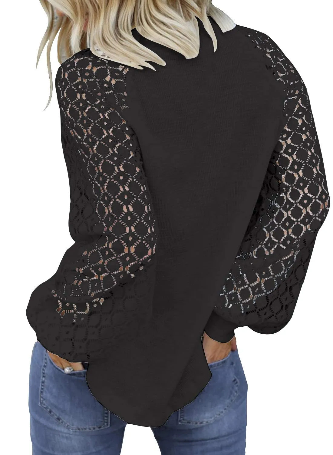 Black Women’s Long Sleeve Tops Lace Casual Loose Blouses T Shirts - MIHOLL