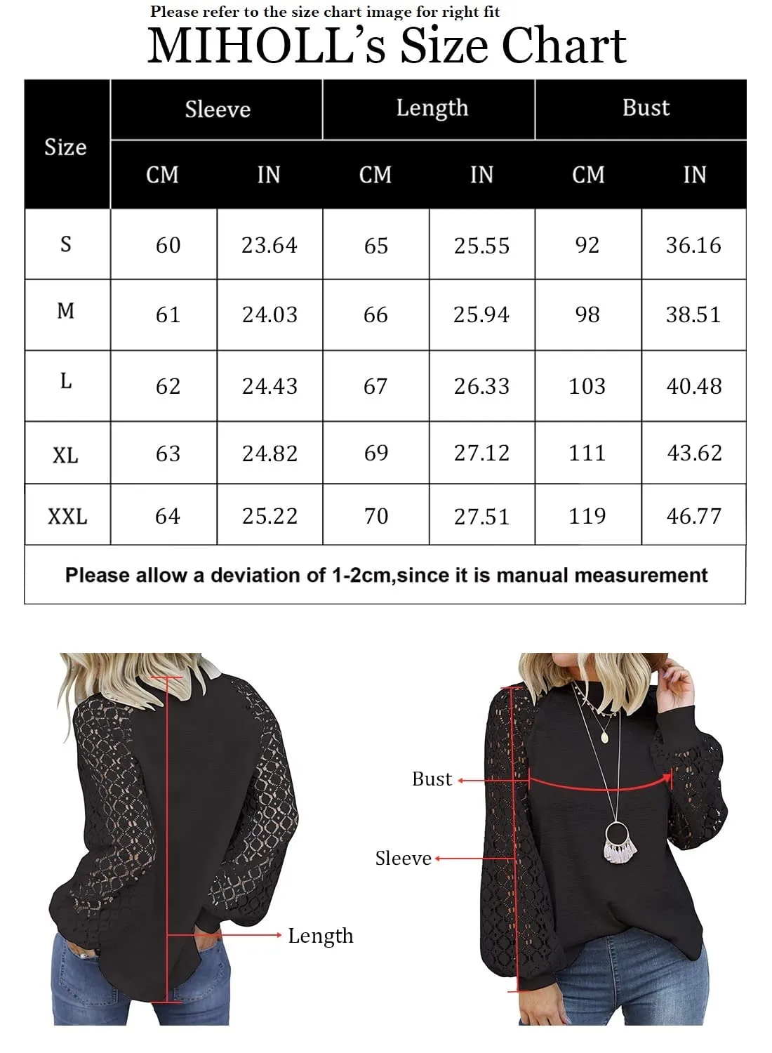Black Women’s Long Sleeve Tops Lace Casual Loose Blouses T Shirts - MIHOLL