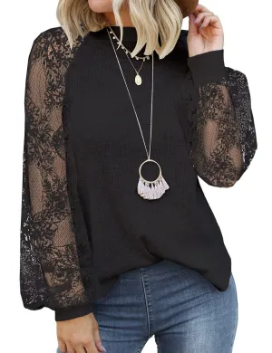 Black Women’s Long Sleeve Tops Lace Casual Loose Blouses T Shirts - MIHOLL