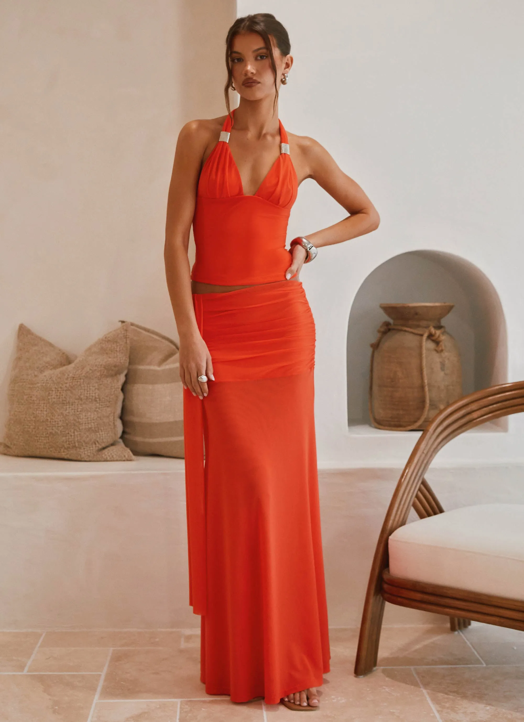 Chill Mood Minimalist Trim Blaze Maxi Skirt - Fire Red
