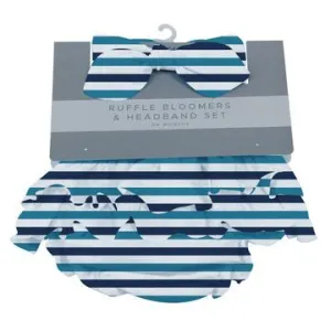 Blue and White Stripe Ruffle Bamboo Bloomer Baby Headbands Set