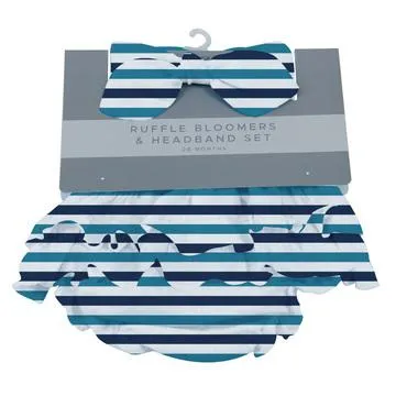 Blue and White Stripe Ruffle Bamboo Bloomer Baby Headbands Set