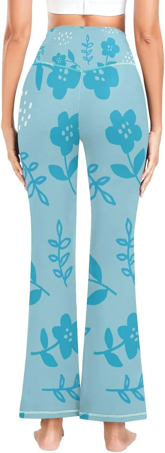 Blue Flower Cute Scandinavian Yoga Leggings for Women Compression Leggings Compression Yoga Pants for Pilates