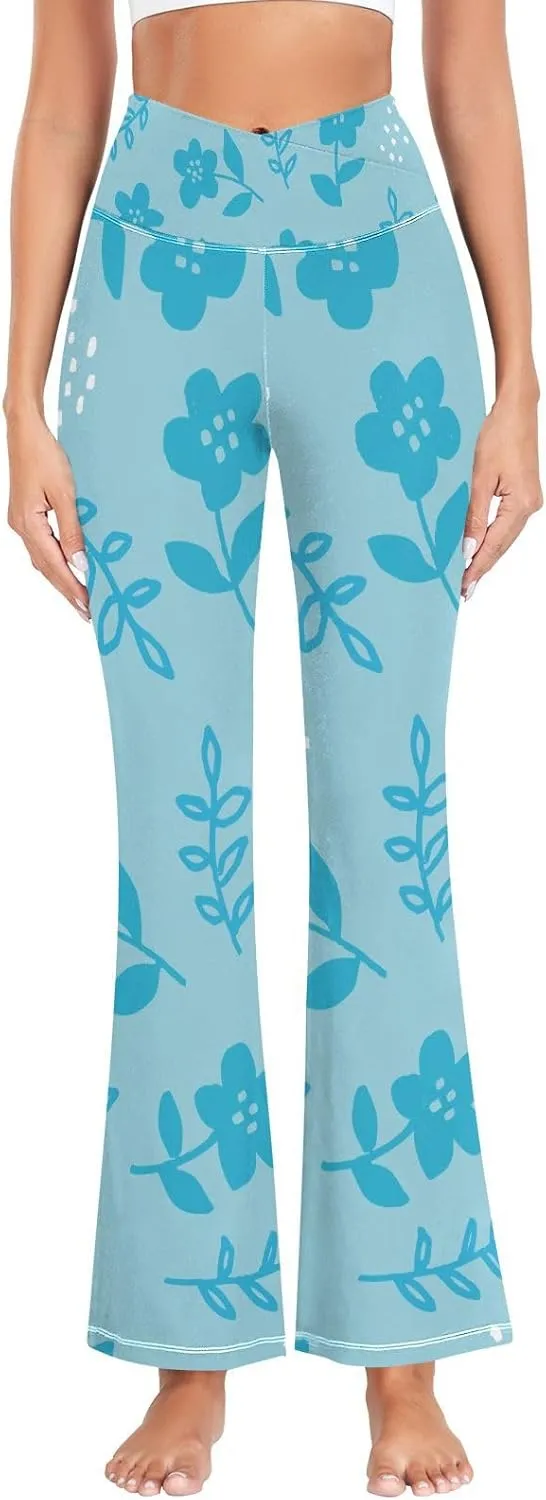 Blue Flower Cute Scandinavian Yoga Leggings for Women Compression Leggings Compression Yoga Pants for Pilates