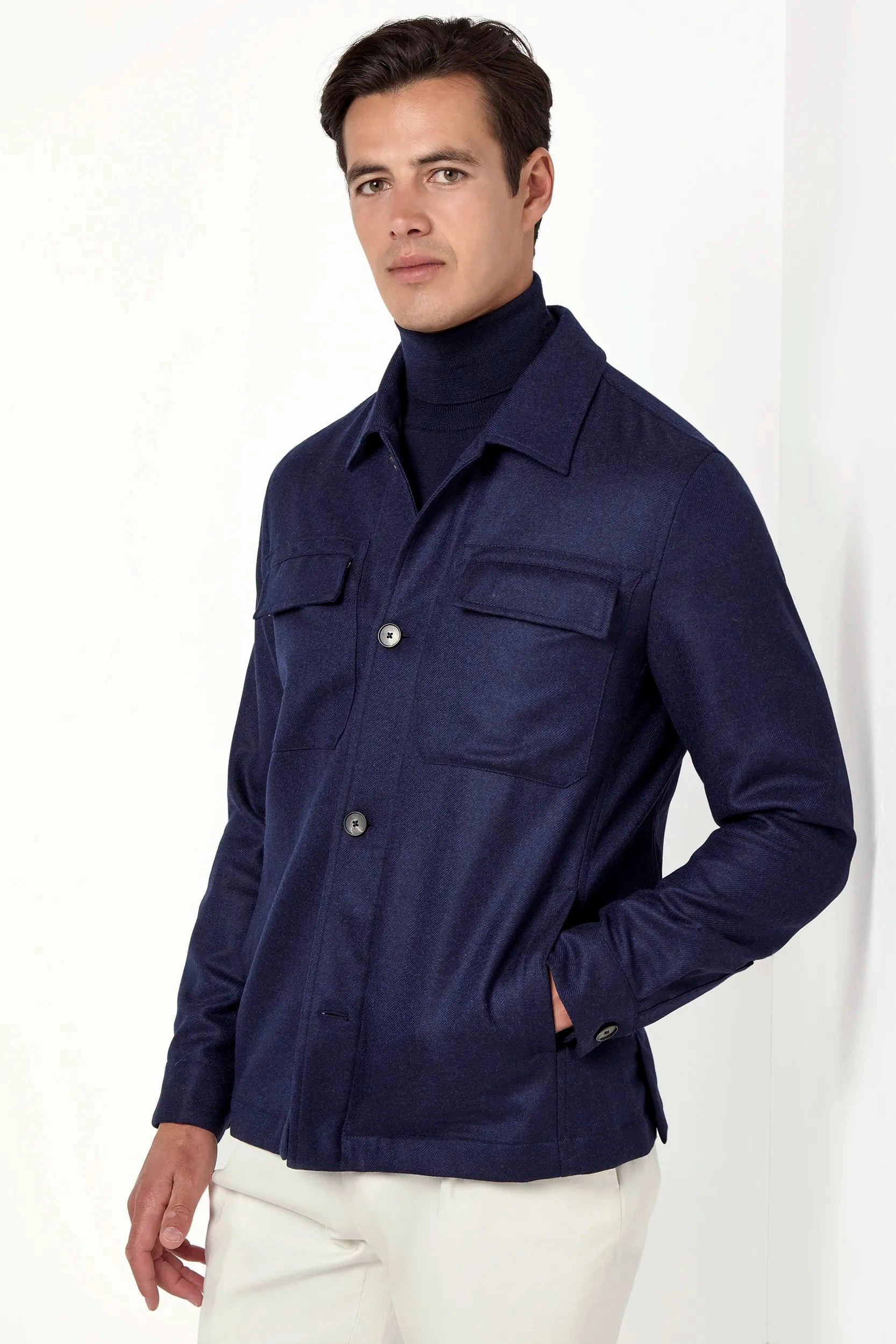 Fray Resistant Edges Blue wool and cashmere shirt jacket  - Made in Italy