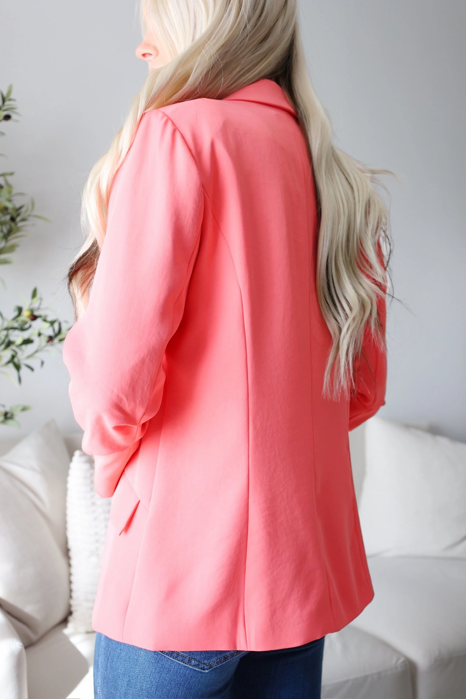 Boardroom Blazer- Coral Sunset Layered Neckline Comfortable Design