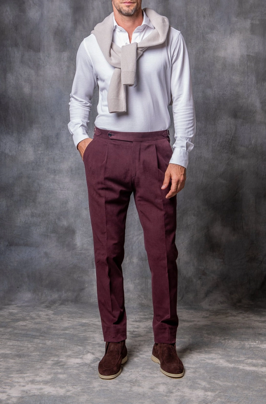 Packable design Hygienic Inner Layer Bordeaux Cotton Biella Trousers  - Made in Italy