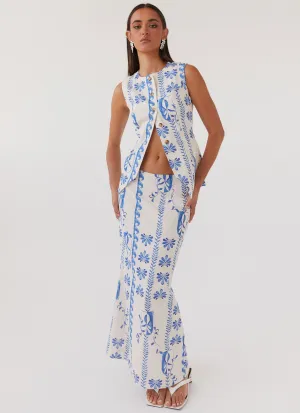 Fast fashion Born For Bordeaux Linen Midi Skirt - Floral Wave