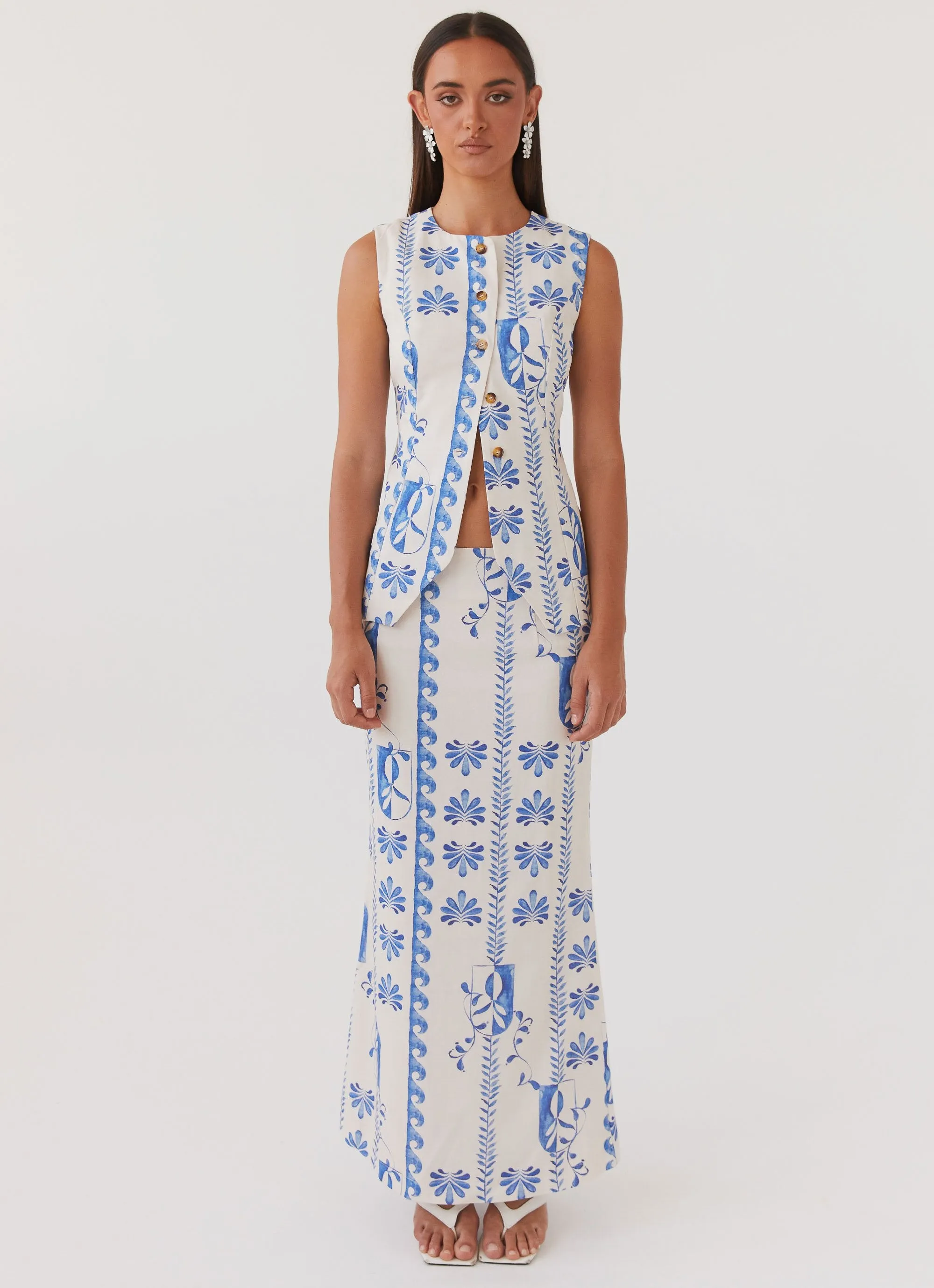 Born For Bordeaux Linen Midi Skirt - Floral Wave Daily Mood