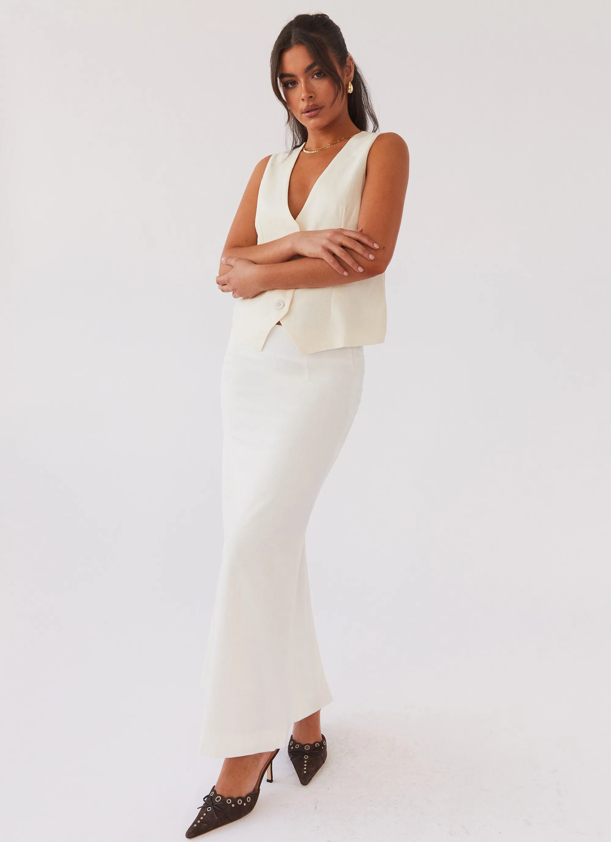 Born For Bordeaux Linen Midi Skirt - White Airy Comfort