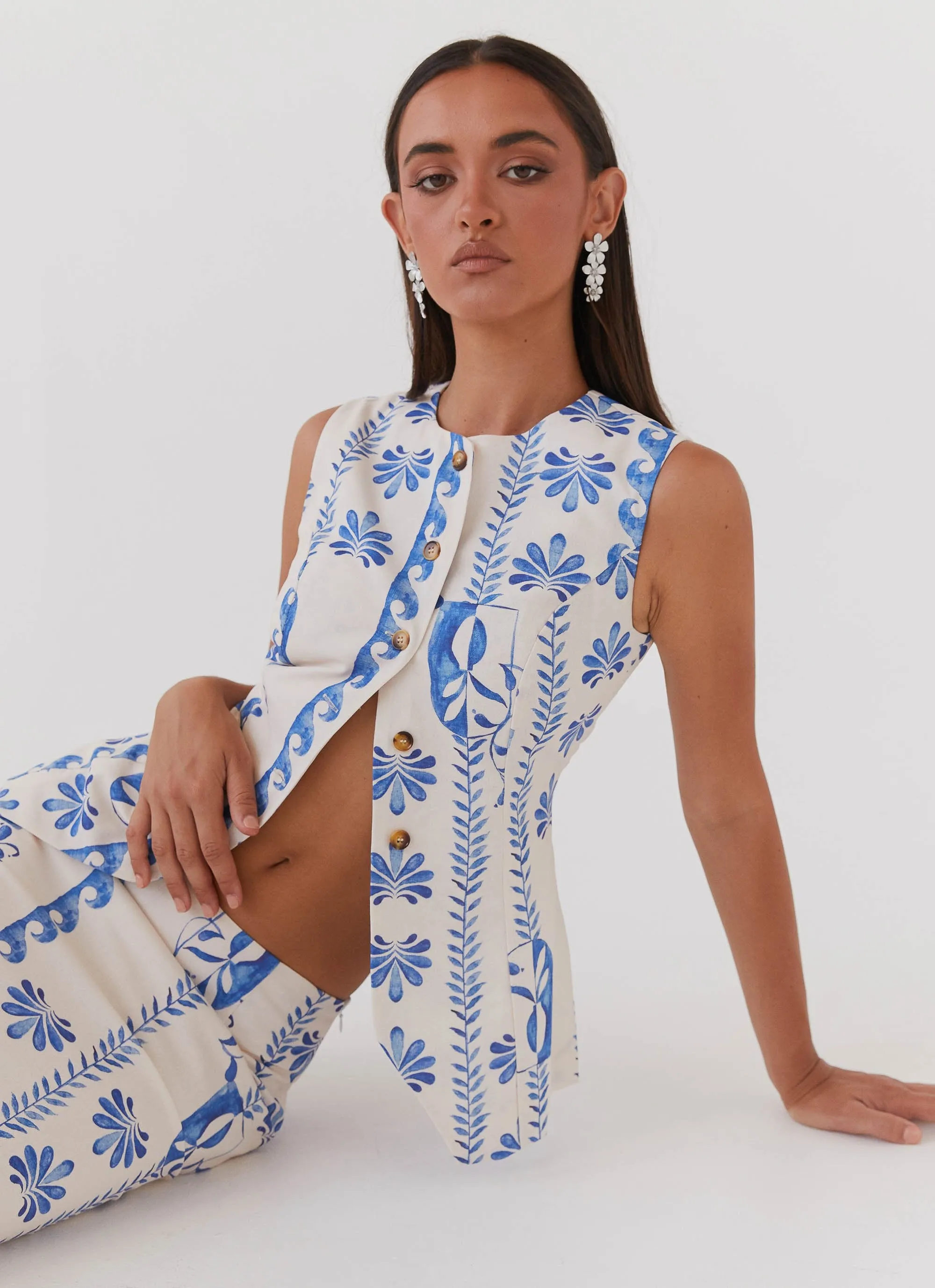 Quick Release Buttons Born For Bordeaux Linen Vest - Floral Wave