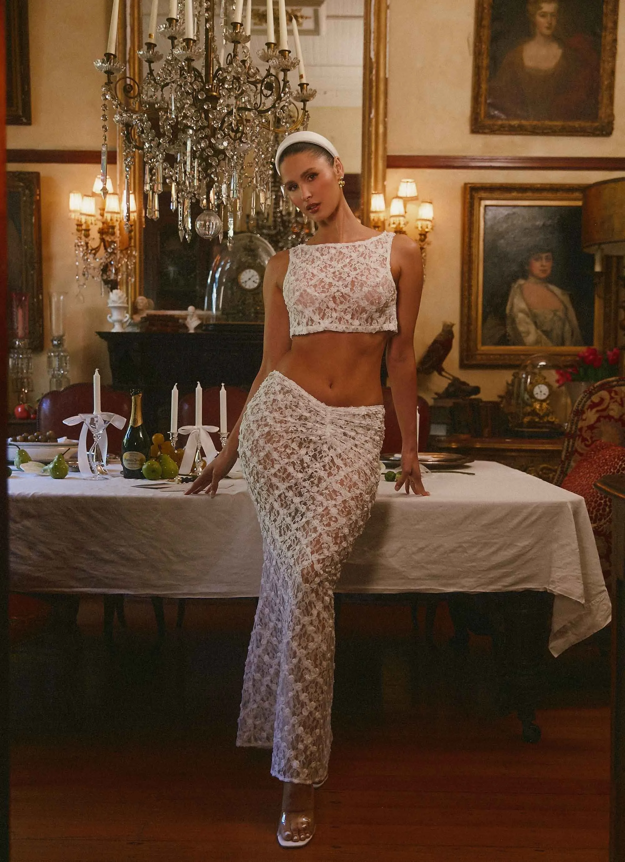 Crisscross Back Crochet Style Botanical Dream Maxi Skirt - White