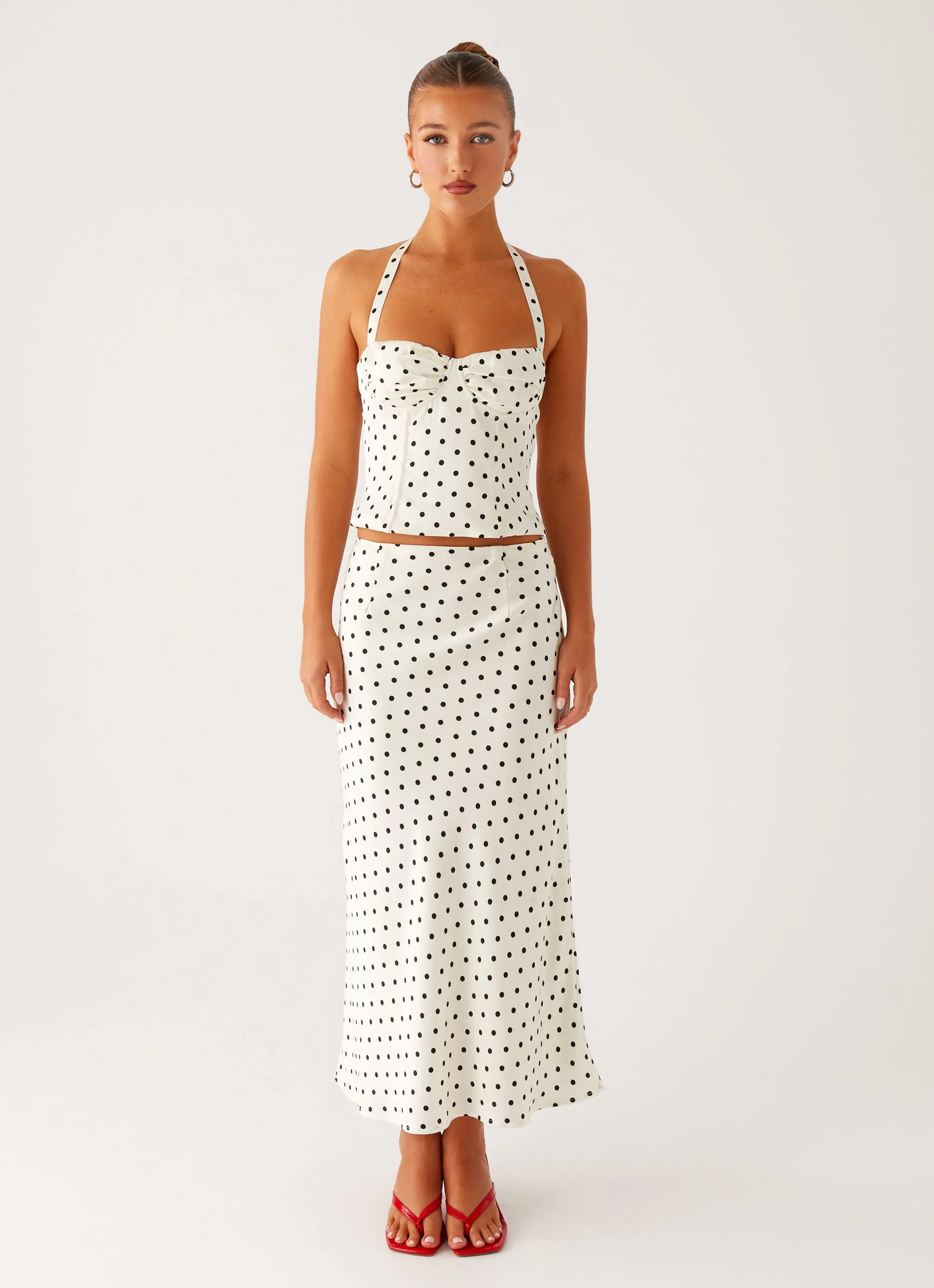 Breanne Midi Skirt - White Polka Dot Roll Up Fasten Soft Focus
