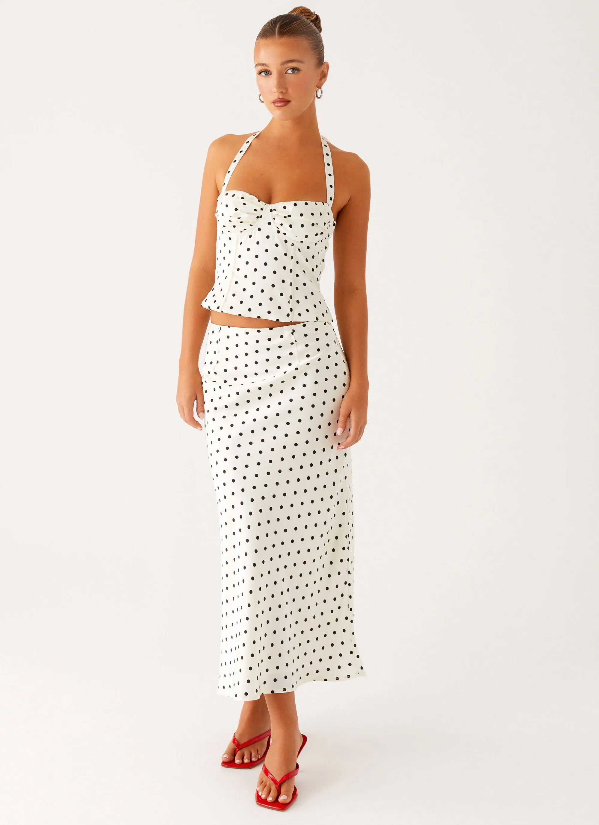 Breanne Midi Skirt - White Polka Dot Simple Layer Washable fabric