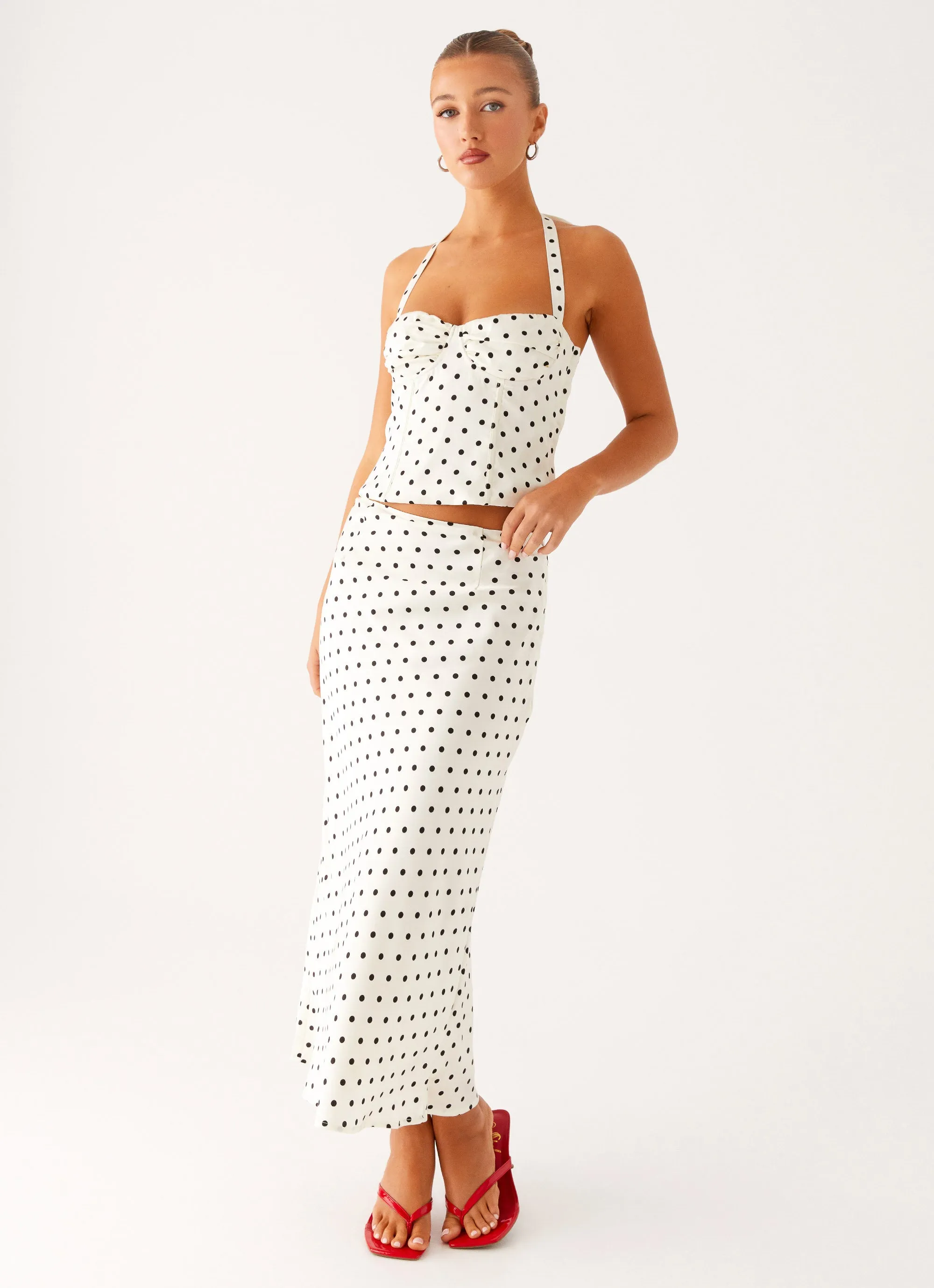 Soft Tones Festival Outfit Breanne Midi Skirt - White Polka Dot